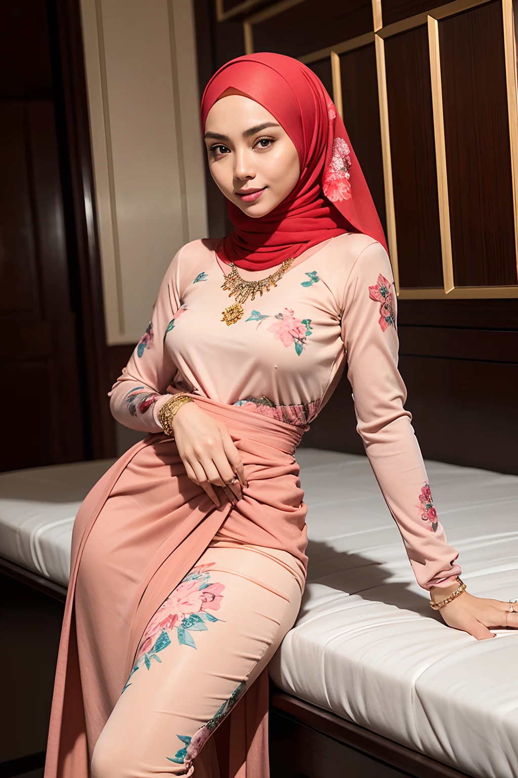 Malay girl in hijab, 30 years old , slim body abs, tall , ((small breast:1.0)), beautiful lady, Nikon Z 85mm, ((best quality)) ((masterpiece)), intricate detail, ((almost )), sharp focus, professional, realistic, real life, hyperreal, photorealistic, fine detail, best quality, very Detailed CG unity 8k wallpaper, perfect artwork, Full body, glowing eyes, realistic, perfect female hourglass figure, thin waist, wide buttocks, looking at viewer, extremely delicate and beautiful, best quality, beautiful detail girl, beautiful eye detail, face lighting, film lighting, perspective, revealing buttocks, perfect collarbone, realistic facial expression, (exquisite detail, makeup, (exquisite beautiful exquisite face, delicate and beautiful eyes, a face with perfect proportions, high-detailed skin,((wearing tight pastel red floral malay gamis with plain hijab)), simple diamond necklace, ((sexy clothes), ((torn clothes)), luxury hotel