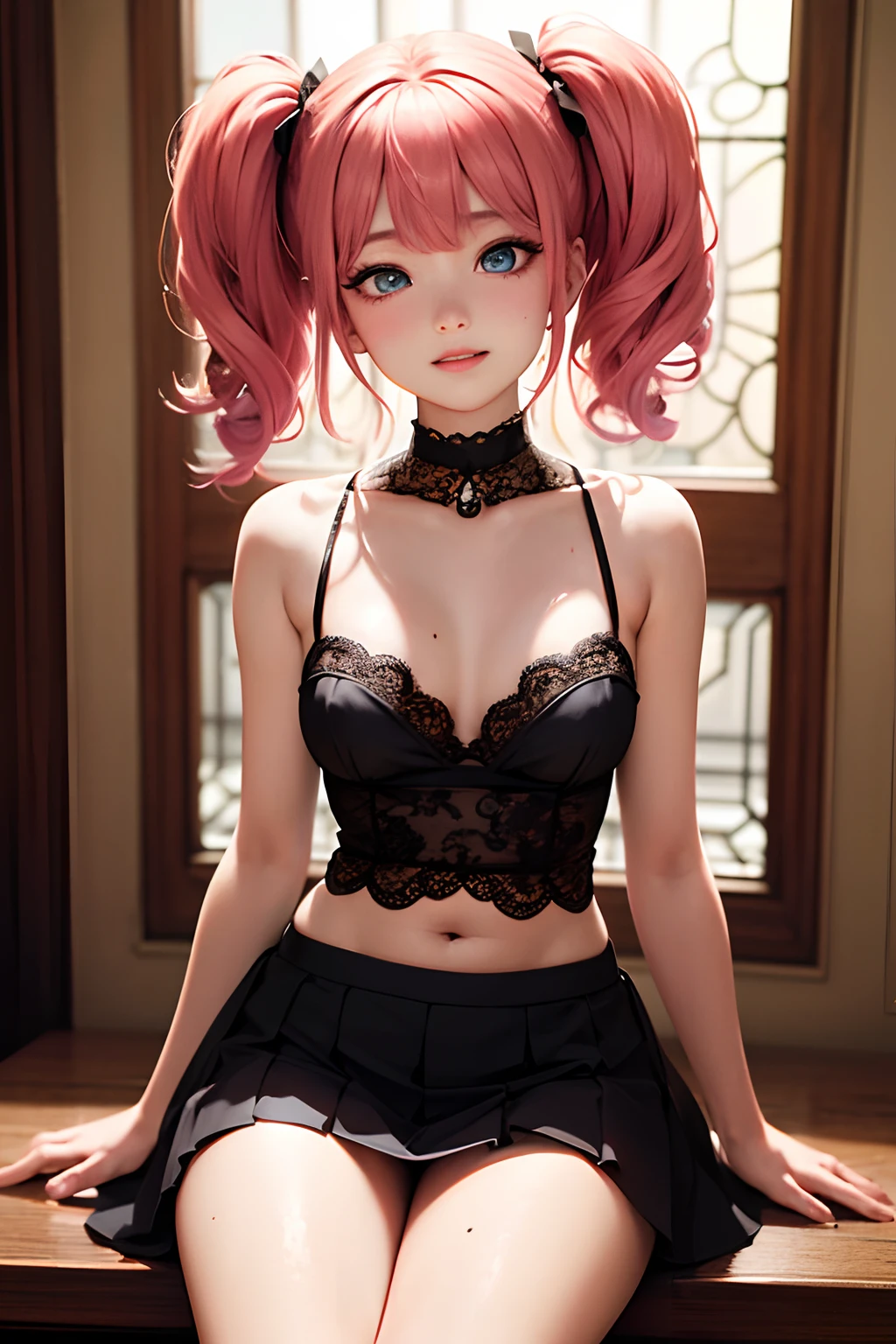 1girl in、looking at the viewers、
The upper part of the body、Beautiful blue eyes、Twin tails pink hair color、Moles under the eyes、Plump and glossy lips、Heart-shaped choker、gazing at viewer、smiling at the viewer、。.。.。.。.。.。.。.。.。.。.。.。.。.。.。.。.。.。.。.。.。.。.。.。.。.。.3D、realisitic、
Blouses with ruffles、Ultra mini skirt、florals、Lace trim、Luxurious rooms with luxurious décor、
​masterpiece、top-quality、8K、detailed skin textures、Detailed Cloth Texture、beautifull detailed face、intricate-detail、ultra-detailliert、
Rim lighting、Side lighting、ciinematic light、超A high resolution、8K UHD、film grains、Best Shadow、delicated、gazing at viewer、front facing、Gesture of waiting for a kiss