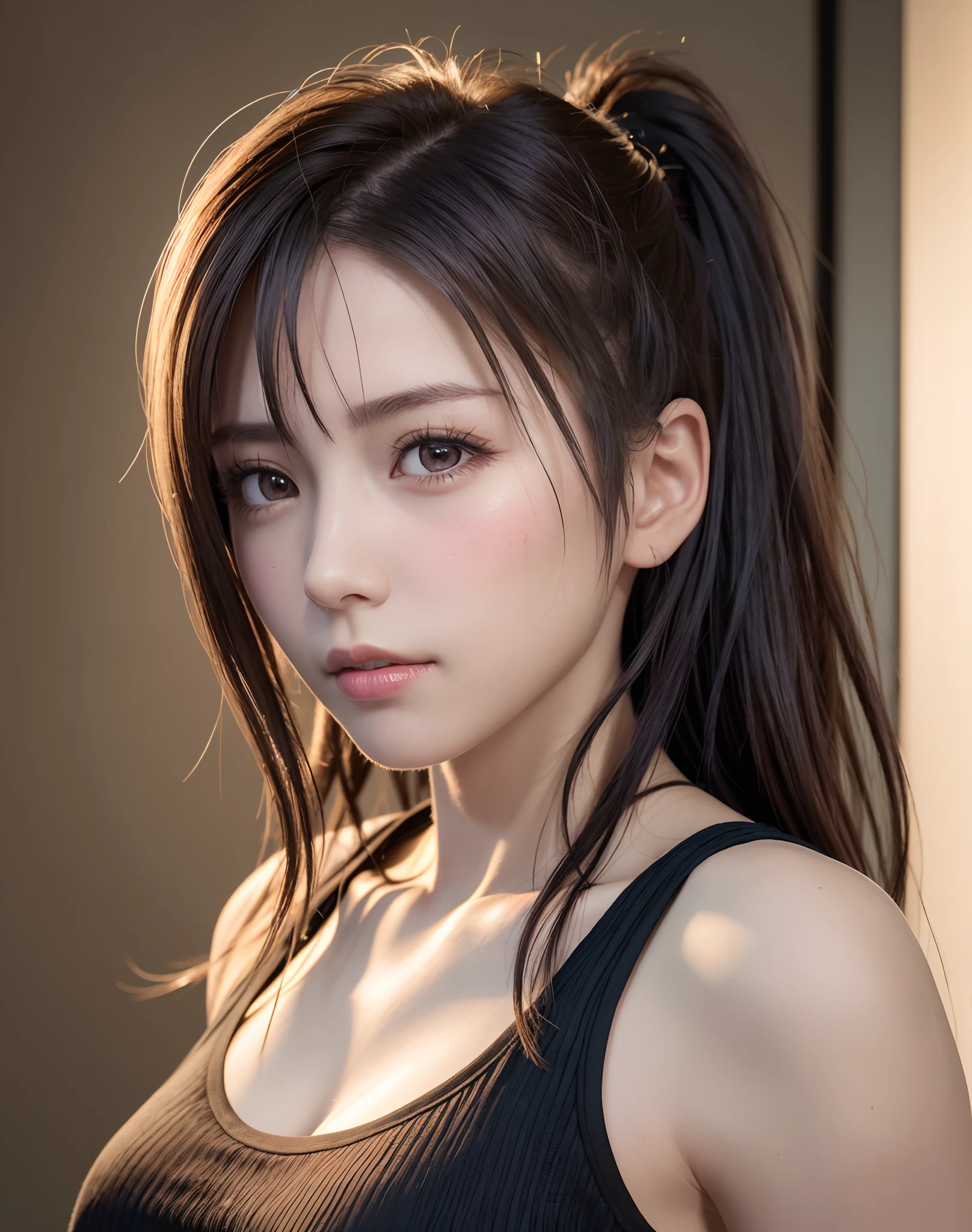 high quality picture, masutepiece, detailed hair texture, Detailed skin texture, Detailed Cloth Texture, 8K, Add fabric details, ultra detailed skin texture, ultra detailed photographic, Skin pores, Portrait of a girl, wearing tank top, Add cloth details, h...