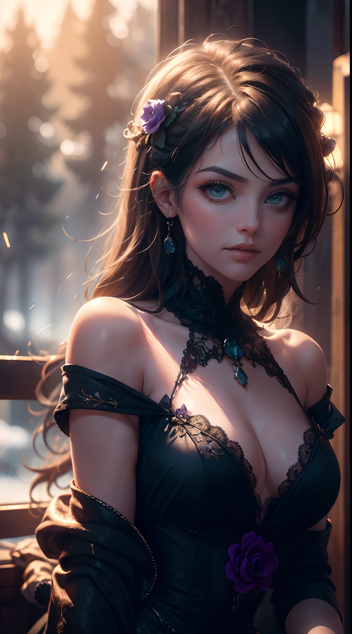 (masterpiece,top quality,realistic), (Upper body close up), cute lady, (Girl in black and purple victorian dress), ((intricate embroidery on the dress)) beautiful black dress, detailed dress, off shoulder, (robes,skull trinkets,black roses,skull print), green diamond eyes, various wavy hairstyle, makeup:0.5, lace neck, perfect body, (earing,neckleace), snow rain forest background, intricate detailed , (highly detailed skin,face,eyes), delicate eyes, ultra hi-res photo, cinematic lighting, 8k, 4k, twilight lights in the scene, diffuse background, flat background,