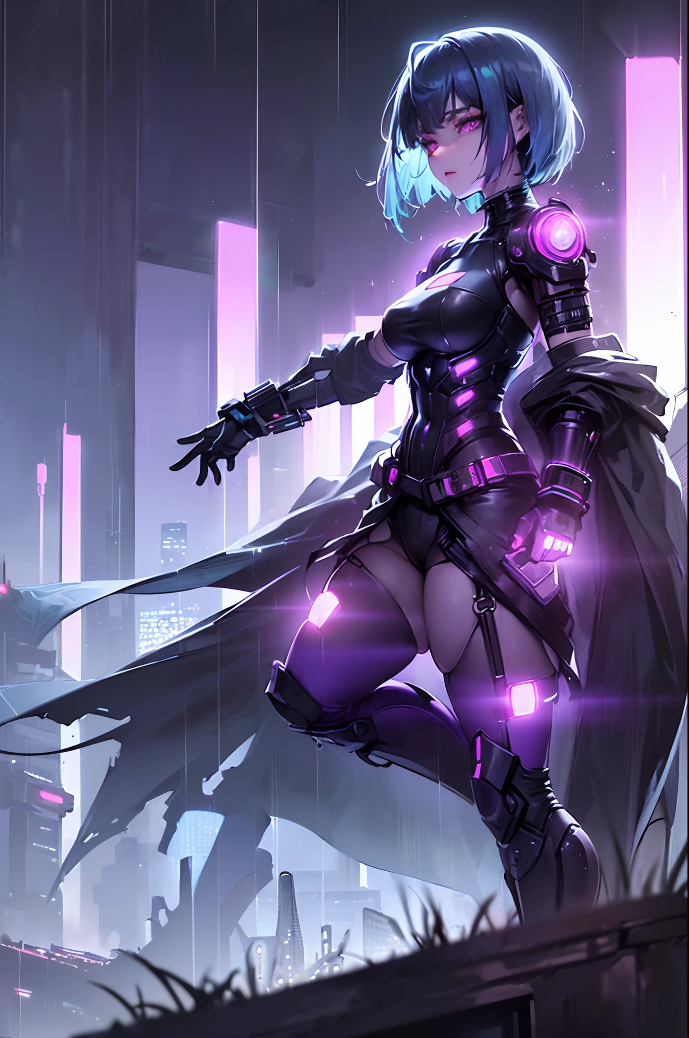 Woman, (against the backdrop of a cyberpunk city:1.3), (tech minisuit:1.3), (medium breasts:1.4), (flat chest:1.3), (dim lighting:1.3), (detailed hair:1.3), (bob haircut:1.3), (blue hair:1.3), (highly detailed:1.3), (glowing purple eyes:1.4), (detailed face and eyes:1.3), (wide hips:1.3), (thick thighs:1.3), (night:1.3), (rain:1.3), (wet body:1.3), (cyberpunk implants:1.3).