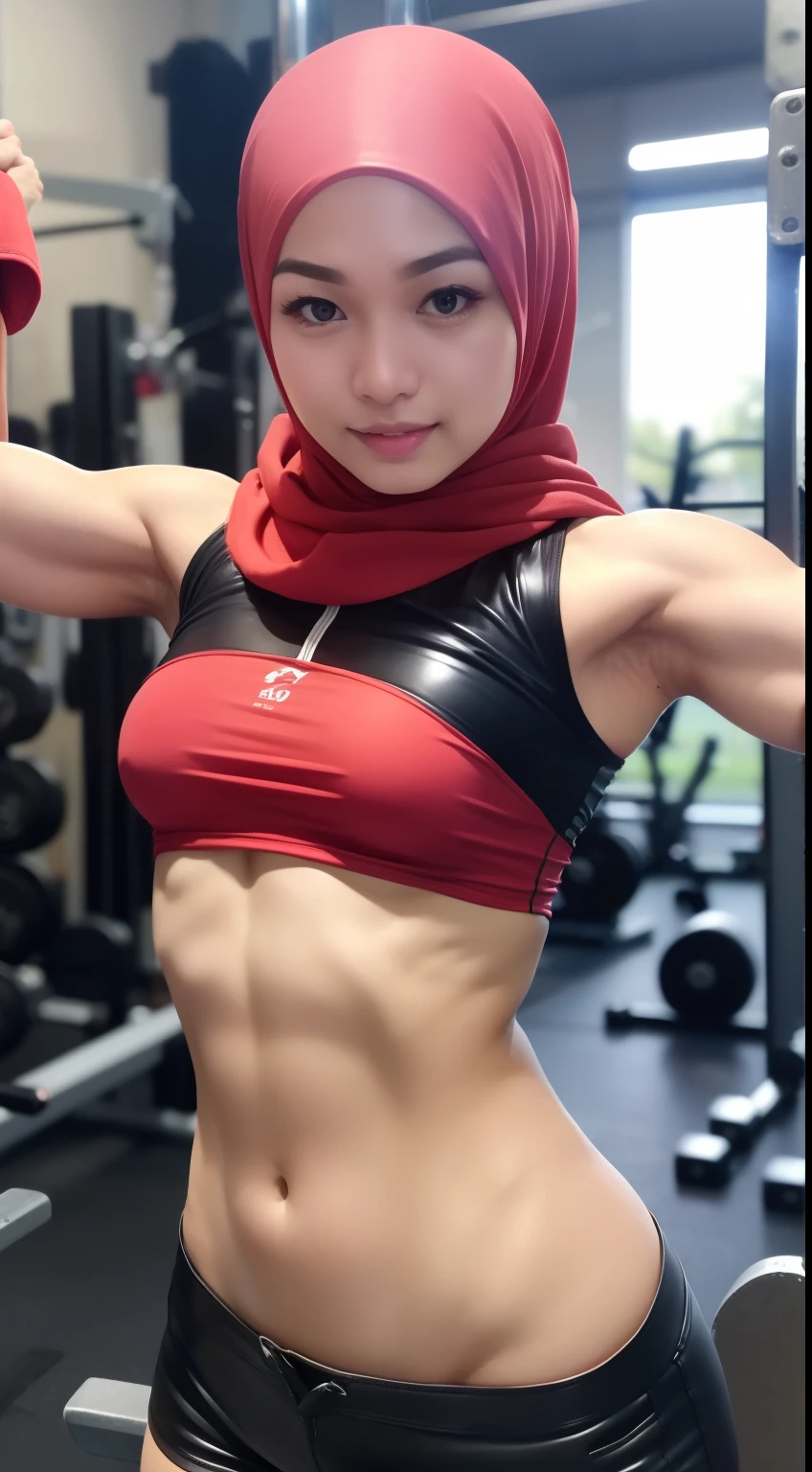 close up malay girl in hijab working out at the gym, malay face, cute, ((wear hijab)), cute makeup, ((wet body like after a shower)), atmospheric lights, god rays, (small breast), flat chest, small tits, big hip, big round ass, in the background weightlifters exercising in the gym, perfect female face, ultradetailed, (wearing leather boots shorts and Red sleeveless jacket), (Muscles 1.5), ((Strong and Fitness body)), (((Extra Muscles))), smooth, High Detail, soft bokeh background,