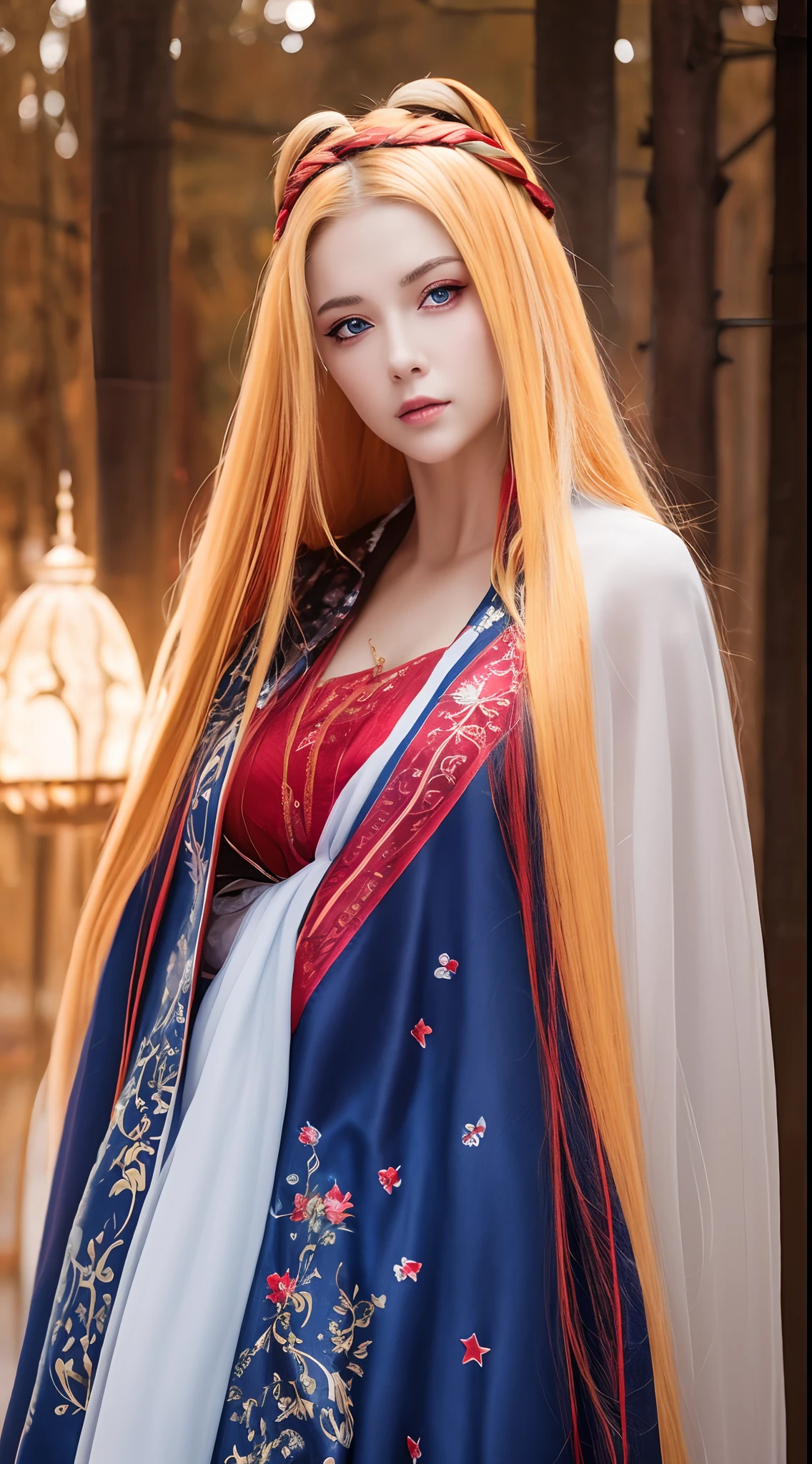 Best quality, 4K, high resolution, Masterpiece:1.2, super ultra detail, (Realistic, Photorealistic, photo-realistic:1.37), vibrant, Red and blue heterochromic eyes,Strong gaze,Mesmerizing eye contact,Fire-red iris,Dark blue shining stars,Shining pupils,Vivid colors,Portrait,Fantasy art,Magical red light,Ethereal beauty,Red color palette,Long yellow hair,Cloak like red