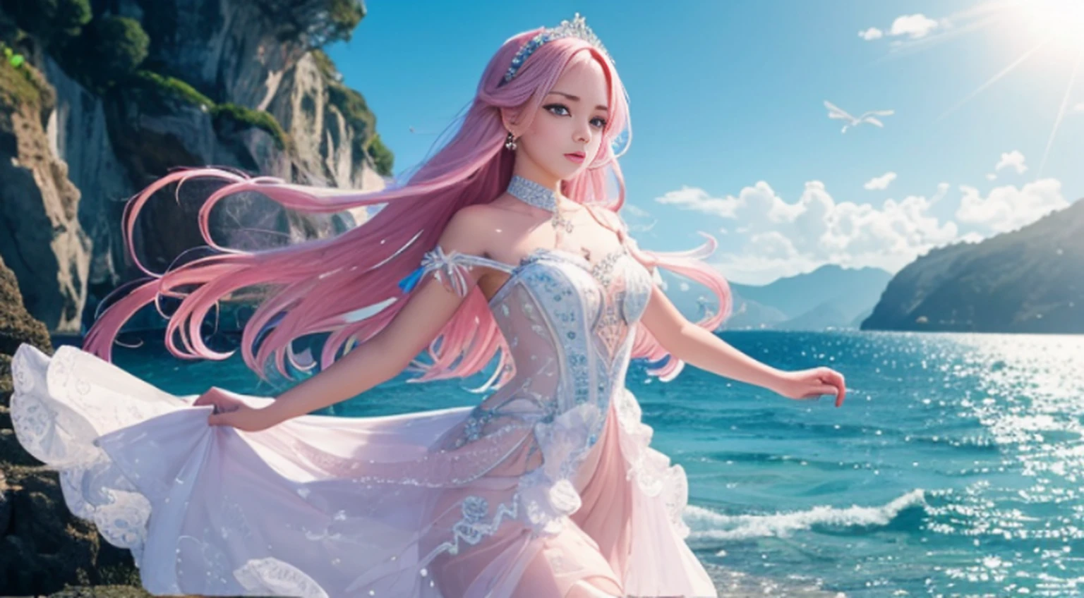 CG rendering of many beautiful pale pink large shells and pale colored conchs on the beach with rings of shimmering rosettes crystal clear as glass. Transparent color colorful stone, transparent, glittering, snow-white beach, blue sea, pearl, super detail, slender woman, woman with long hair, light effect, illuminate fairyland romance, Thomas Kinkade, ultra wide angle, distant view, fantasy, 8K HD wallpaper: 1 photo, beautiful woman, depth of field HD 16k, jewel-like glow, cute woman,