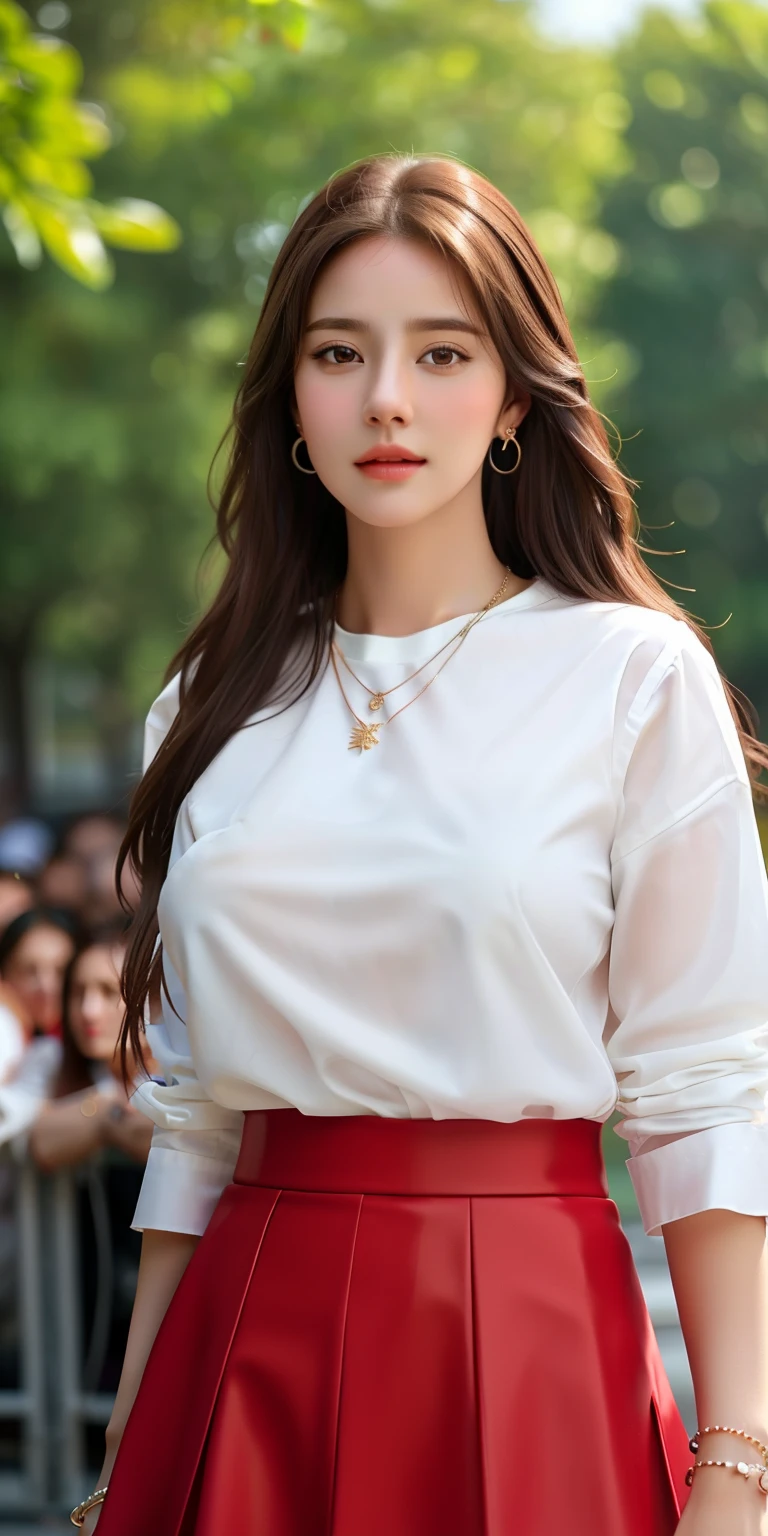 1girl, (white shirt and red skirt),long hair,brown hair,brown eyes,earring, necklace,bracelet,outdoors, detailed face, detailed eyes, huge breasts, shiny skin, looking at the audience, (8k, RAW photo, best quality, masterpiece: 1.2), (realistic, realistic: 1.37), ultra-high resolution