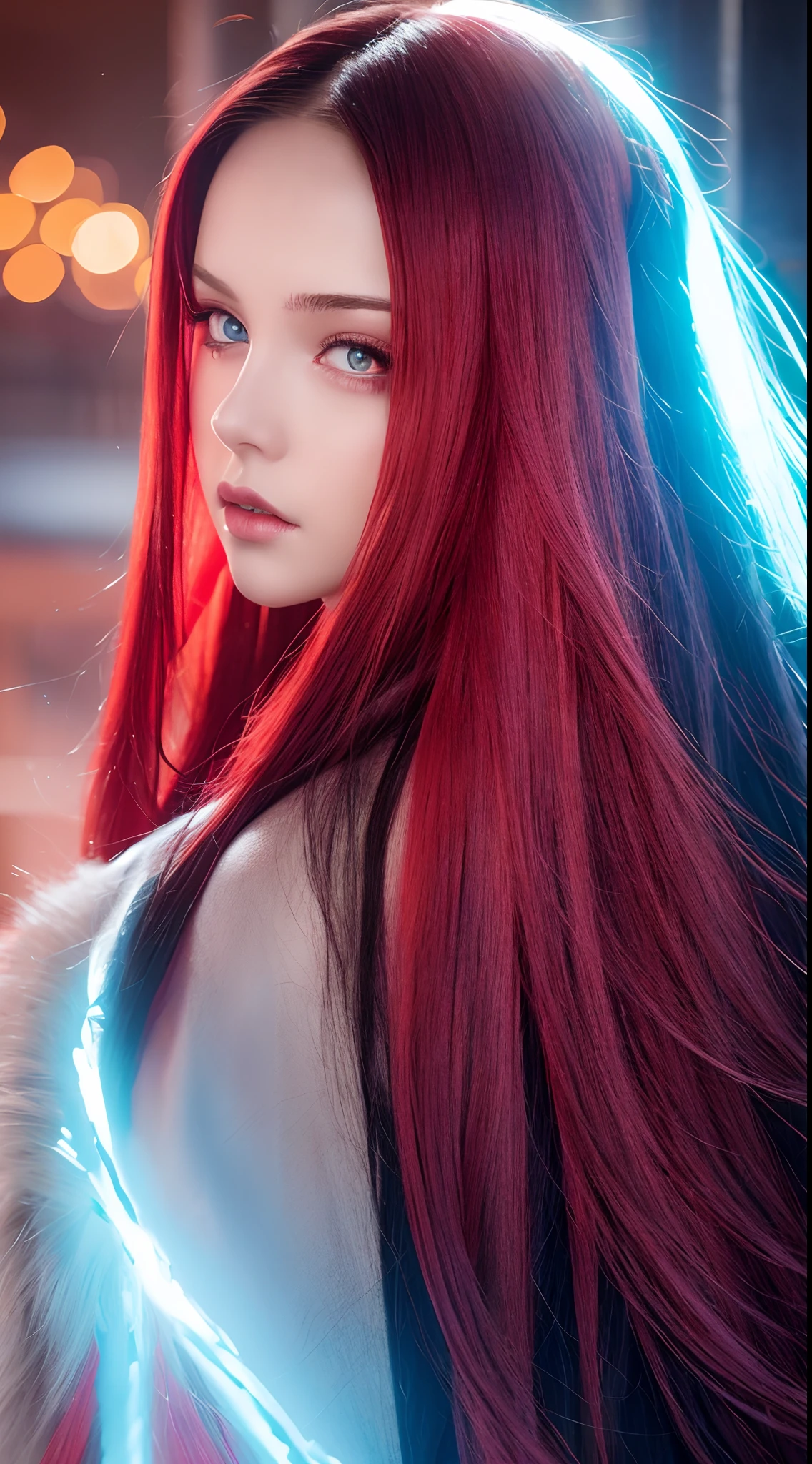 Best quality, 4K, high resolution, Masterpiece:1.2, super ultra detail, (Realistic, Photorealistic, photo-realistic:1.37), vibrant, Red and blue heterochromic eyes,Strong gaze,Mesmerizing eye contact,Fire-red iris,Dark blue shining stars,Shining pupils,Vivid colors,Portrait,Fantasy art,Magical red light,Ethereal beauty,Red color palette,Long yellow hair,Cloak like red