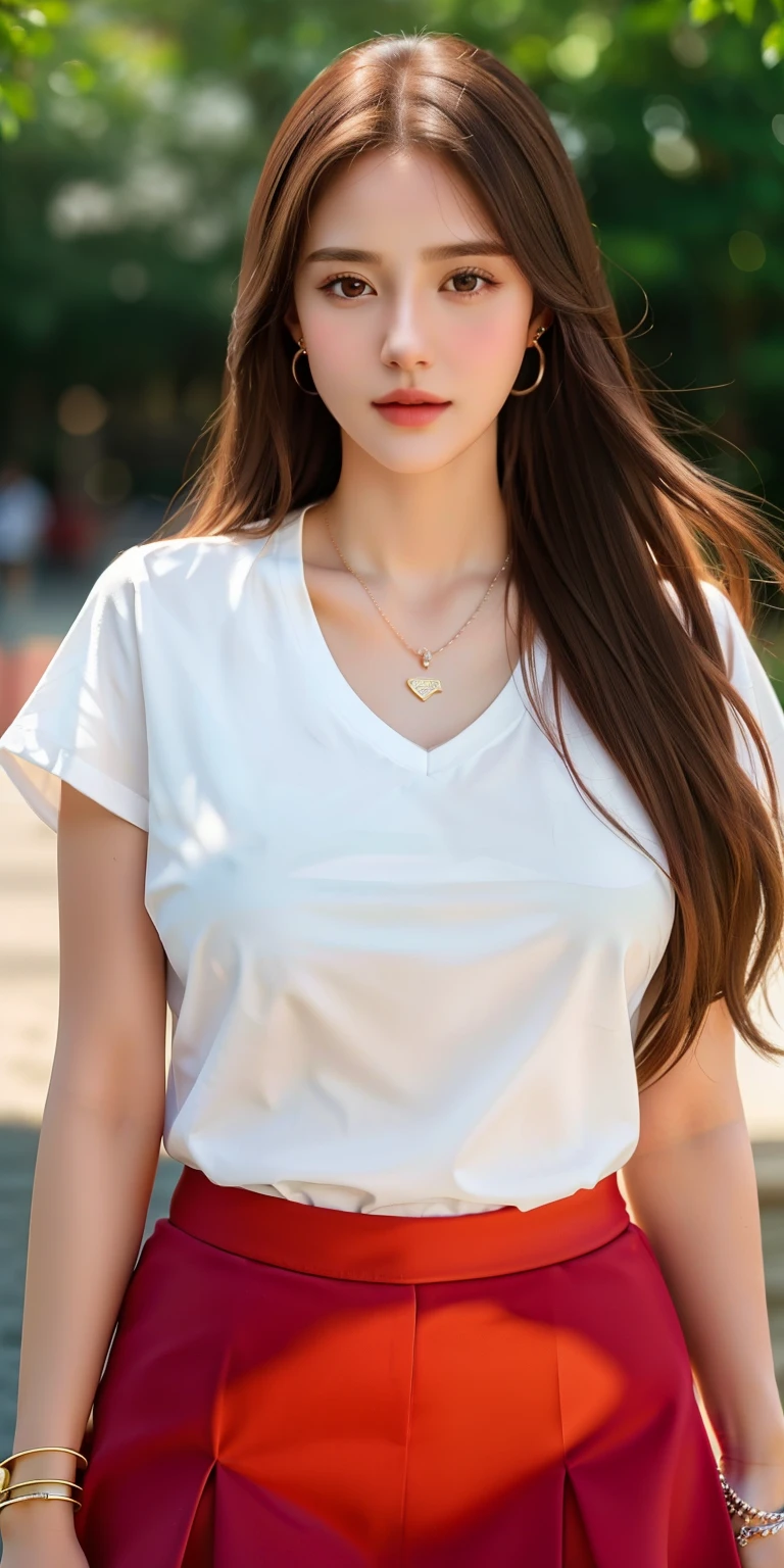 A woman in a white shirt and red skirt posing for a picture - SeaArt AI