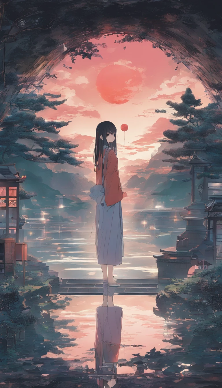 The view of dusk moves behind the mirror。Other words,The virtual image reflected on the mirror and the physical object behind the mirror are shaking,It's like a superimposed shadow in a movie。There is no connection between the characters and the background。And the character is a transparent illusion,The scene is a hazy undercurrent in the night mist,The two dissolve together,Depicts a world of transcendent symbols。Especially when the lights in the mountains are reflected on the girl's face,That indescribable beauty,It made Shimamura's heart almost tremble