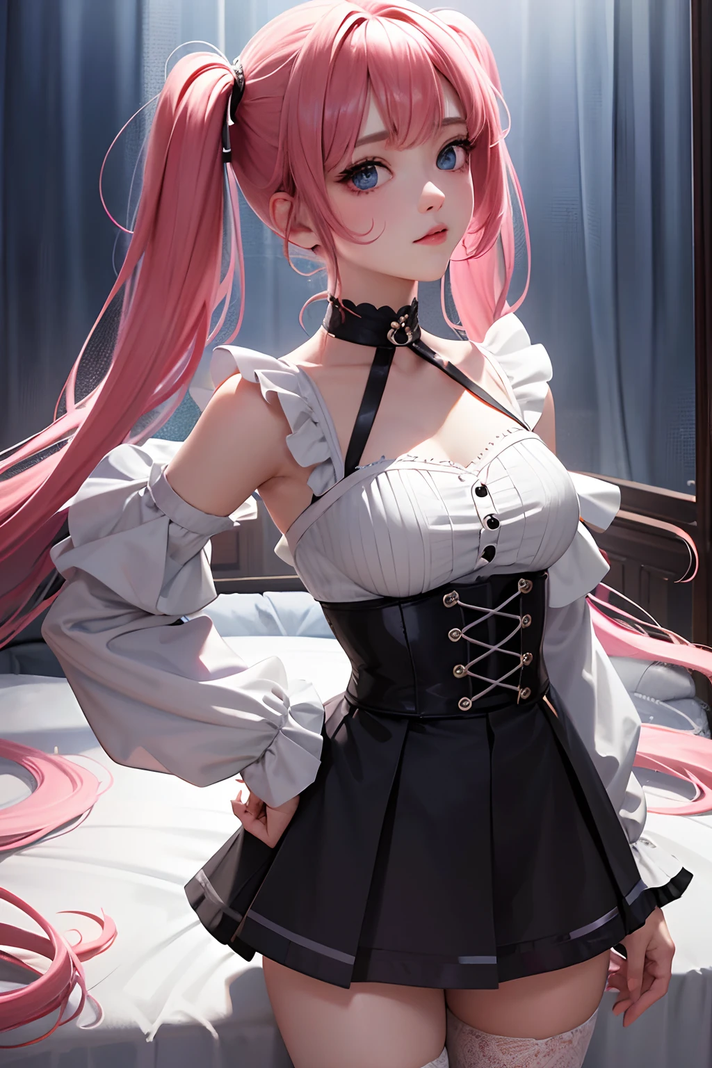 ((Highest quality)),(超High resolution),(Very detailed),(Detailed Description),((The best CG)),(masterpiece),Ultra-detailed art、(Highest quality、8k、32K、masterpiece)、(Realistic)、(Realistic:1.2)、(High resolution)、Very detailed、Very beautiful face and eyes、1 female、Tight waist、Delicate body、(Highest quality、Attention to detail、Rich skin detail)、(Highest quality、8k、Oil paints:1.2)、Very detailed、(Realistic、Realistic:1.37)、Bright colors、Beautiful Japanese Woman、Detailed face、Smooth Skin、Big Breasts、A young woman in her early 20s、I work as a maid in a cyberpunk town.。She has long, straight pink hair in twin tails.、Tied with neon green ribbon。Her eyes are big、It is cybernetically enhanced、It has a luminous, otherworldly appearance.。She is wearing a futuristic maid outfit.、The black and white dress features metallic accents.、She wears a fitted bodice with a high collar and a short skirt with holographic ruffles。She is wearing thigh-high stockings with LED patterns、She&#39;s wearing shiny black boots。Her accessories include、A headband with cybernetic cat earr.々There is a small apron with some high-tech gadgets.。In the background、Holographic advertising、Flying cars、You&#39;ll see bustling neon-lit cityscapes filled with advanced robot residents.。The inside of the cafe where she works、A stylish, high-tech cafe with glowing tables and futuristic décor。