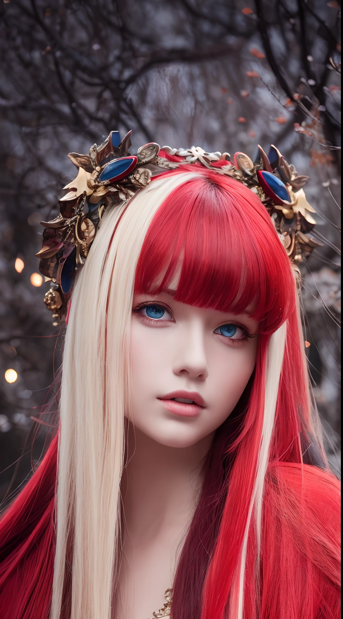 Best quality, 4K, high resolution, Masterpiece:1.2, super ultra detail, (Realistic, Photorealistic, photo-realistic:1.37), vibrant, Red and blue heterochromic eyes,Strong gaze,Mesmerizing eye contact,Fire-red iris,Dark blue shining stars,Shining pupils,Vivid colors,Portrait,Fantasy art,Magical red light,Ethereal beauty,Red color palette,Long yellow hair,Cloak like red