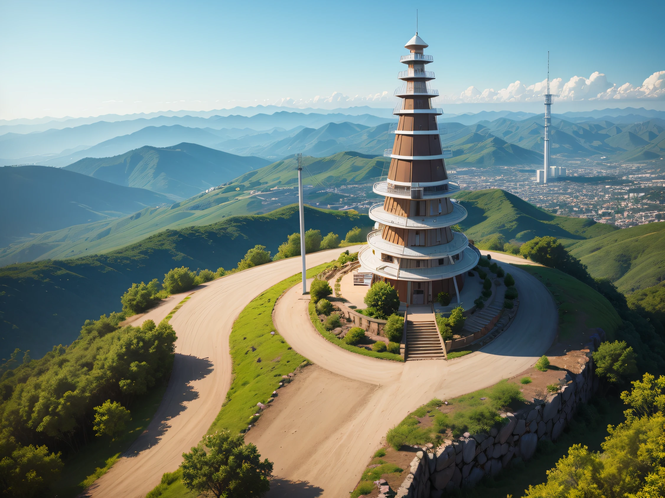 a very tall satellite tower on a hill, small building surrounding below