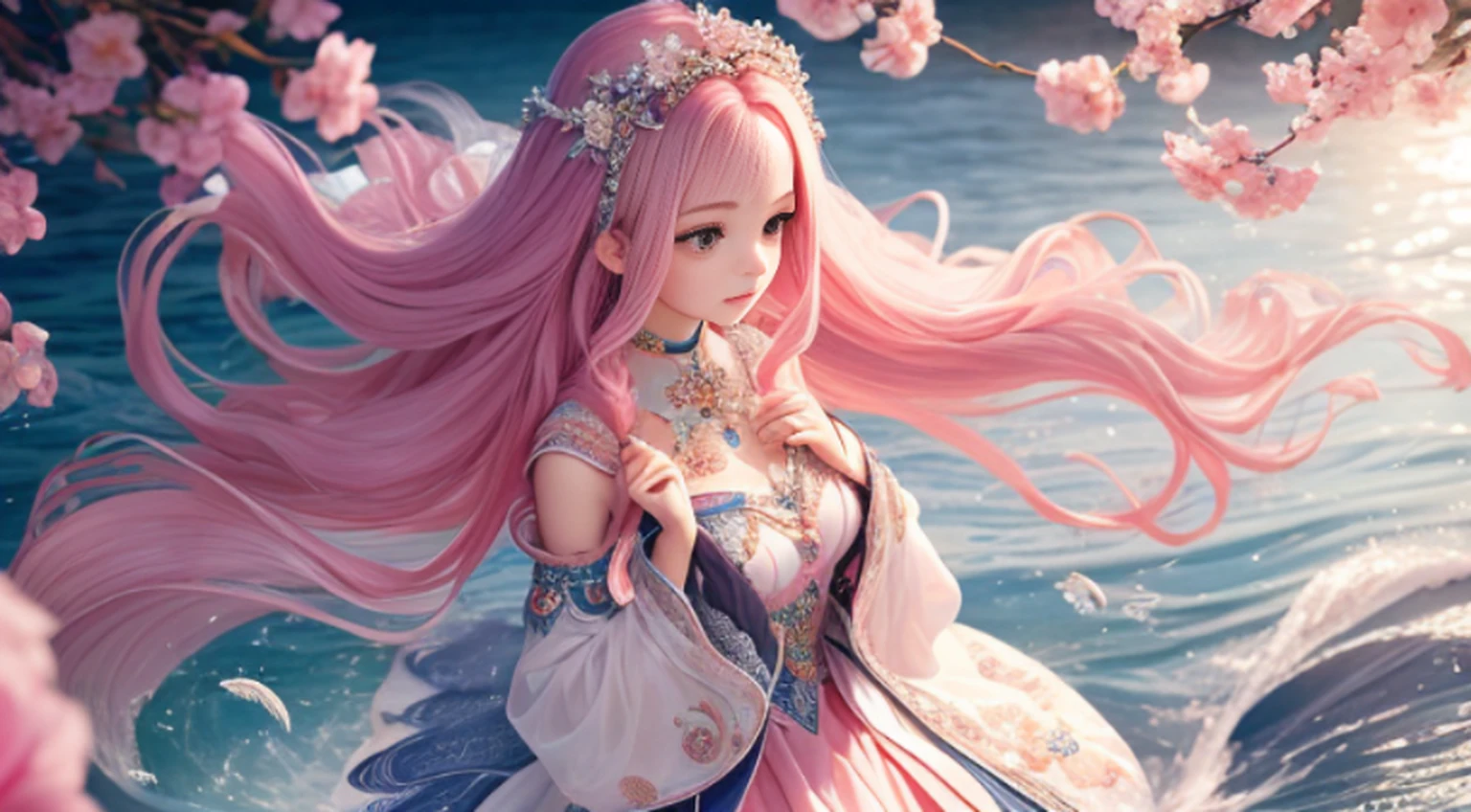 The little lady with long pink hair is on the scene of the sea world,It gives a sense of vitality and femininity。Her long hair was as soft as silk,Delicadamente coberta sobre os ombros,Dancing gently with the wind。Cada fio de cabelo exala um leve brilho,Parece ser iluminado pelo calor do sol。 Her hair color is a delicate pink,As bright and moving as a blooming flower。This color gives a fairytale feel,It was like a princess coming out of the realm of fantasy。Realistic, detailed and perfect appearance,Temperamento frio,Inadvertently brushing a thousand styles,Joan's nose is delicate,The small cherry mouth is slightly hooked,(Fotorrealista),(Super delicate looking skin)Long pink hair swayed gently with her movements,Apresenta um sentido de movimento e vida。The young woman is dressed in a fresh navy-themed outfit。Ela usa um xale rosa com uma textura de tule,It is embroidered with patterns of marine life,Como peixes pequenos、Estrelas do mar e corais。The edges of the shawl are decorated with fluffy feathers,Deixa todo o look mais leve。Her dress is made of blue and white, like the ripples of waves。A bainha da saia tem uma camada de fios fofos transparentes,It flows like a ripple of water,Era como se pequenas ondas estivessem batendo contra o recife。The waist of the skirt is embellished with sequins and shell ornaments,Como uma joia marinha brilhante。A jovem pisou em um par de salto agulha rosa,The upper part is inlaid with motifs of pearls and marine elements,Make your whole look more perfect。She wears a pale pink pearl bracelet in her hand,Vai bem com a cor do cabelo。 No ambiente do mundo marinho,A pequena senhora com longos cabelos cor-de-rosa tornou-se uma bela paisagem。The details of their clothes and physical features show their unique charm,Gives a feeling of freshness、romantic feeling。