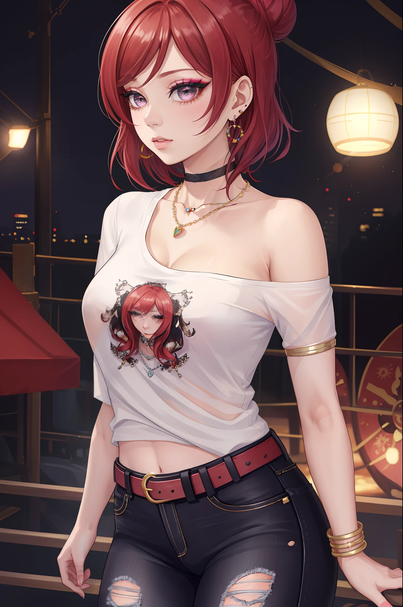 (masterpiece), (best quality), nishikino maki, short hair, hair bun, perfect lighting, stylish, single bare shoulder shirt long, music band print, jewelry, necklace, earrings, armlets, lacey choker, belt, low cut black jeans, thick eyelashes, makeup, eyeshadow, sexy, curvy body,navel