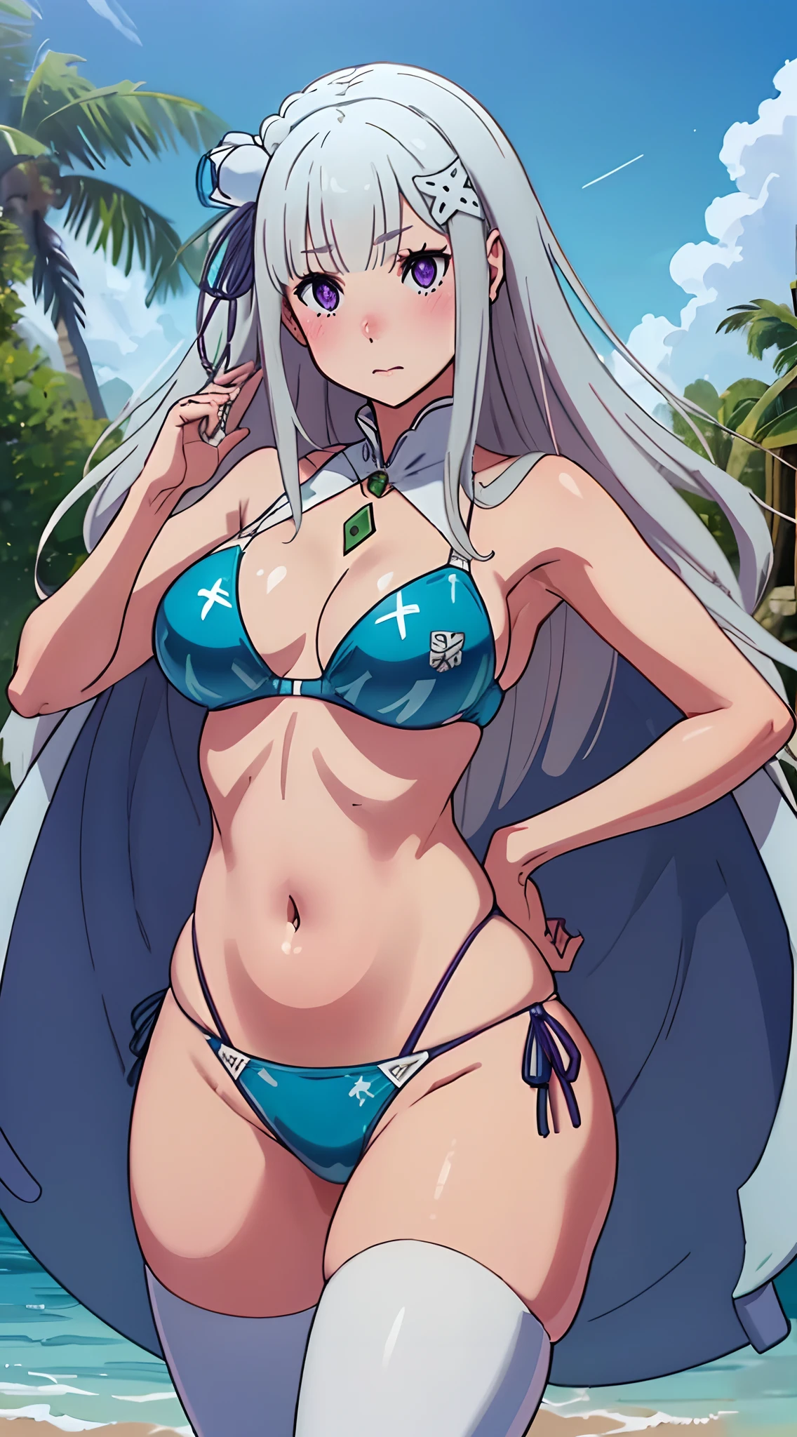 (melhor qualidade:1.3), (qualidade 4K), Emilia por Re:zero, ((Rosto detalhado)), ((body curvy)), (peitos grandes), clivagem, sexy, ((Pine Latex Bikini)), ((blue skies))