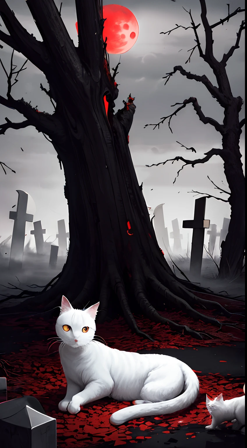 oil, a dead tree, sadness, gray, empty feeling,loniless, branches, fog, horror, (red moon), artistic, sad emotions, cinematic image,white cat, death,danger, graveyard, cross, blood