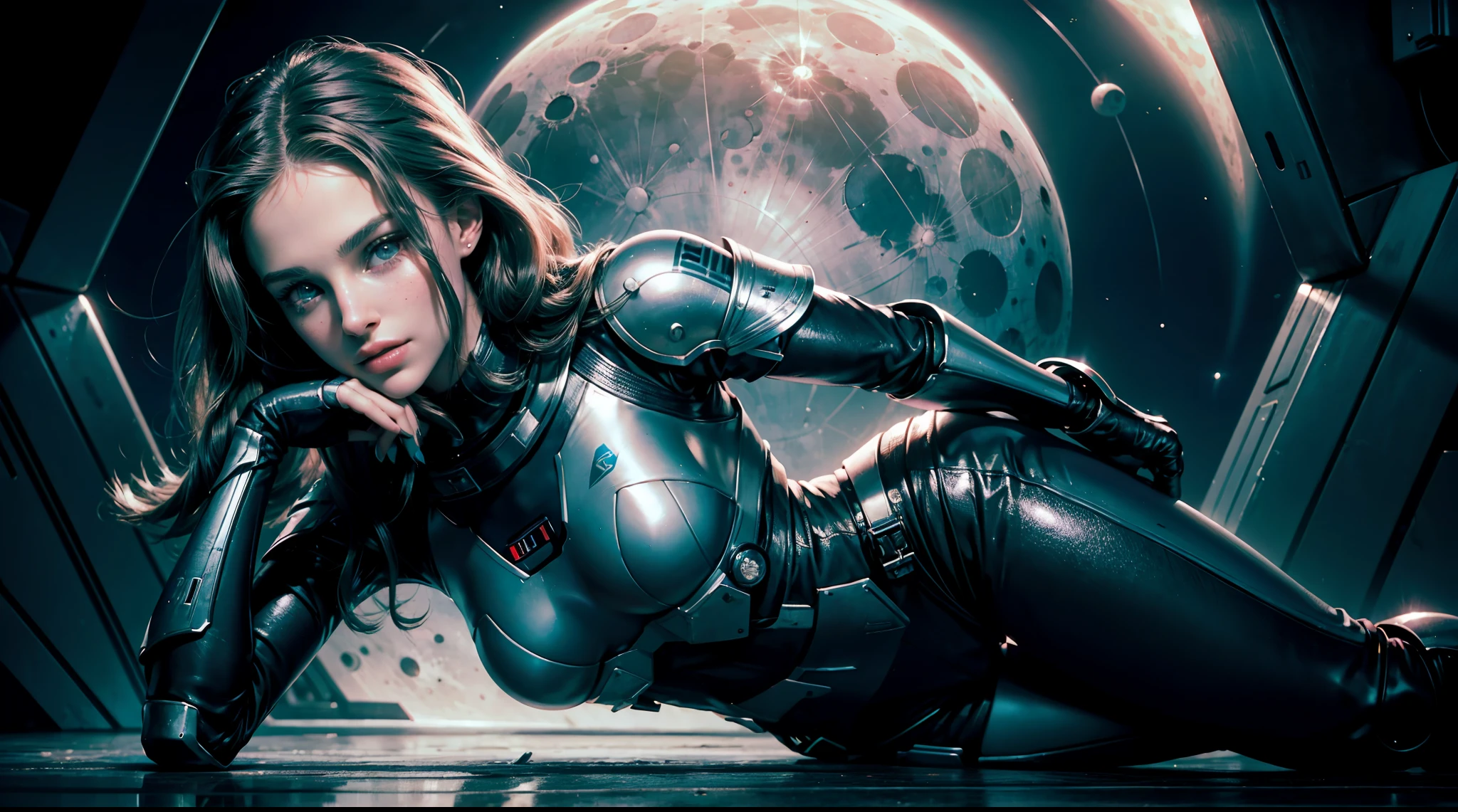  natalie portman as a futuristic future police girl soldier. gentle smile. (Moon night desolation). freckles. slender and beautiful. robotic arms. tight pants. sci-fi.