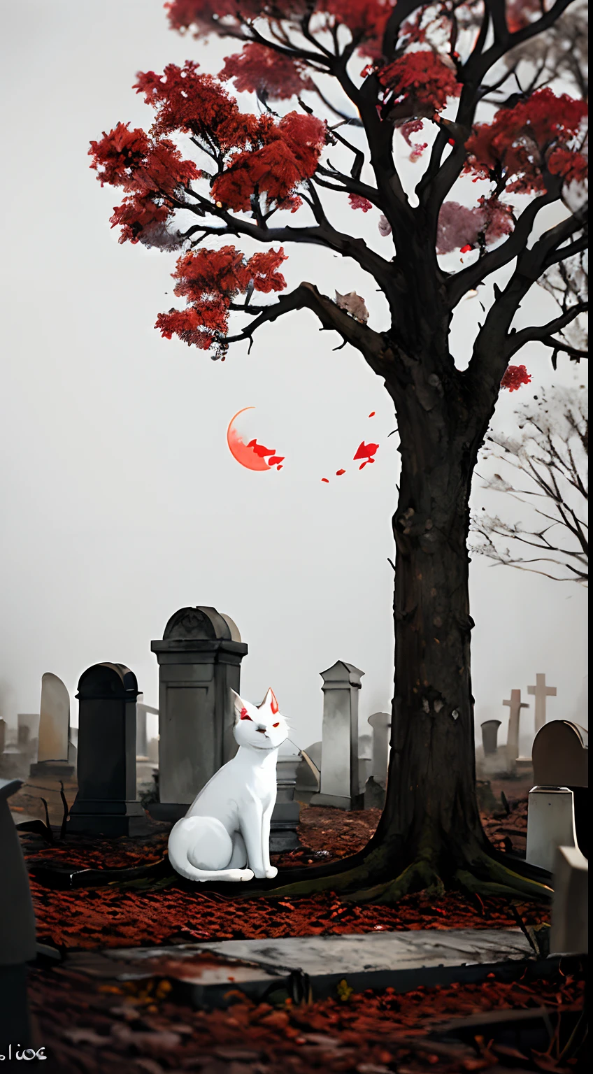 a white cat in a graveyard, oil, a dead tree, sadness, gray, empty feeling,loniless, branches, fog, horror, (red moon), artistic, sad emotions, cinematic image,white cat, death,danger, graveyard, cross, blood