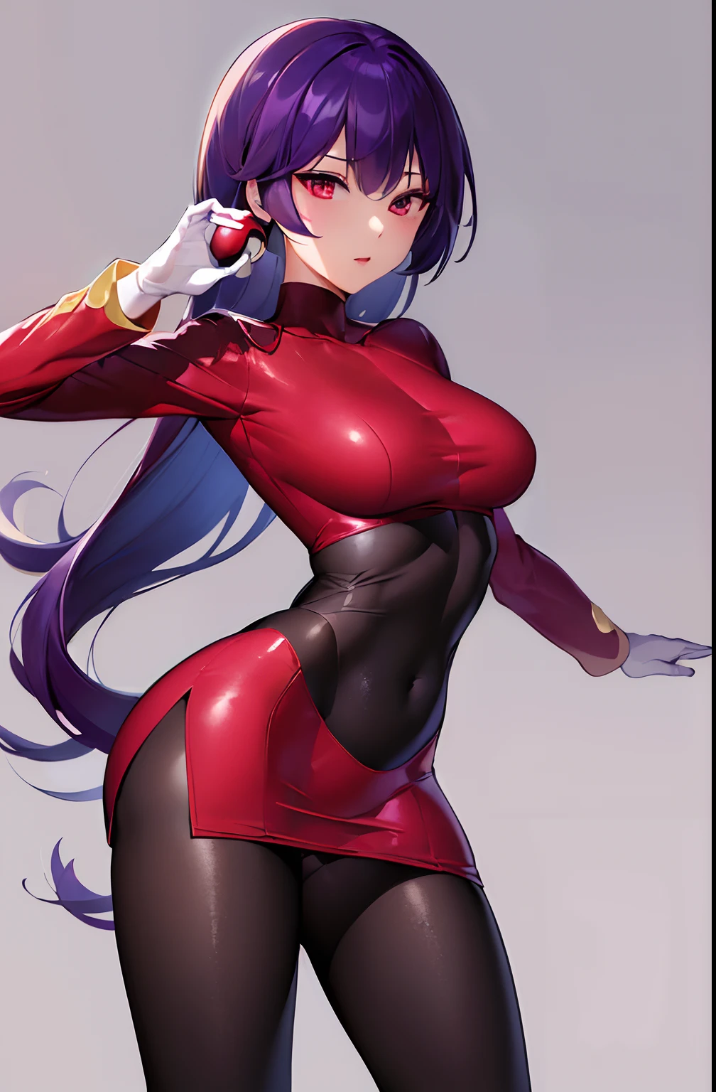 (​masterpiece、top-quality:1.2)、1girl in、独奏、sabrina、A pokémon、length hair、purple color  hair、bluntbangs、red eyes、Red Sweater Dress、(white glove:1.2)、Black sash、(Black Leggings:1.1)、(body suit:1.1)、((pantyhose))、(high-heels)、simple background、((a miniskirt))、(pokeball)