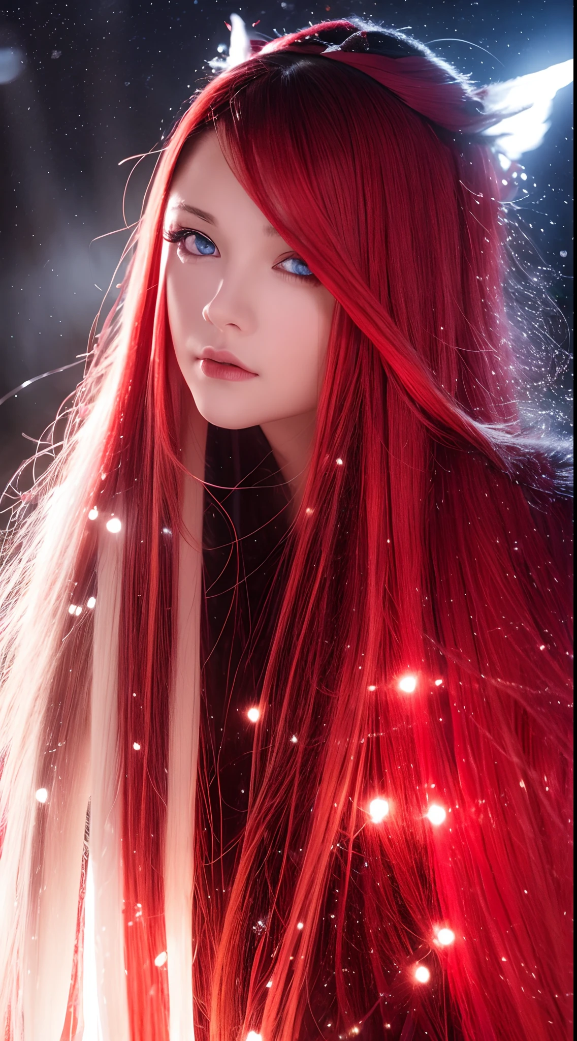 Best quality, 4K, high resolution, Masterpiece:1.2, super ultra detail, (Realistic, Photorealistic, photo-realistic:1.37), vibrant, Red and blue heterochromic eyes，Strong gaze，Mesmerizing eye contact，Fire-red iris，Dark blue shining stars，Shining pupils，Vivid colors，Portrait，Fantasy art，Magical red light，Ethereal beauty，Red color palette，Long yellow hair，Cloak like red