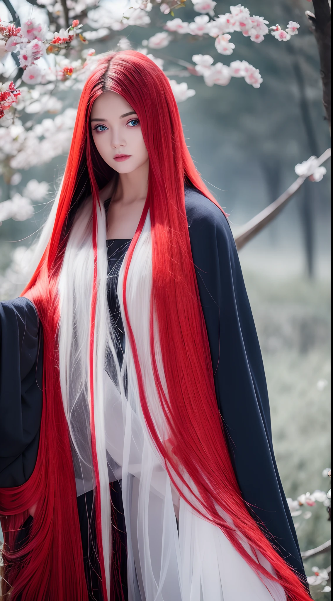 Best quality, 4K, high resolution, Masterpiece:1.2, super ultra detail, (Realistic, Photorealistic, photo-realistic:1.37), vibrant, Red and blue heterochromic eyes,Strong gaze,Mesmerizing eye contact,Fire-red iris,Dark blue shining stars,Shining pupils,Vivid colors,Portrait,Fantasy art,Magical red light,Ethereal beauty,Red color palette,Long yellow hair,Cloak like red