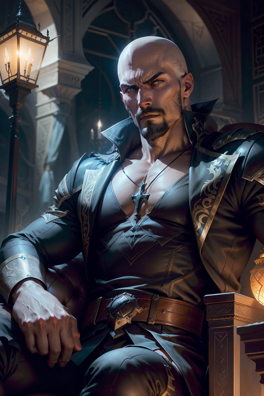 (best qulity,The Masterpiece),(Ultra-detailed colors),A handsome 35-year-old Chinese astrologer meditates around the totem of the second house of the ecliptic,Constellation Temple,ultra realist,observatory,futuristic asian starwars city background,Men's bright gold Translucent G-thongs,big bulge,Stubble,Hairy Thighs,Very attractive,HDR,Dramatic lighting,Art Station Trend,CGSociety trends,Professional photography