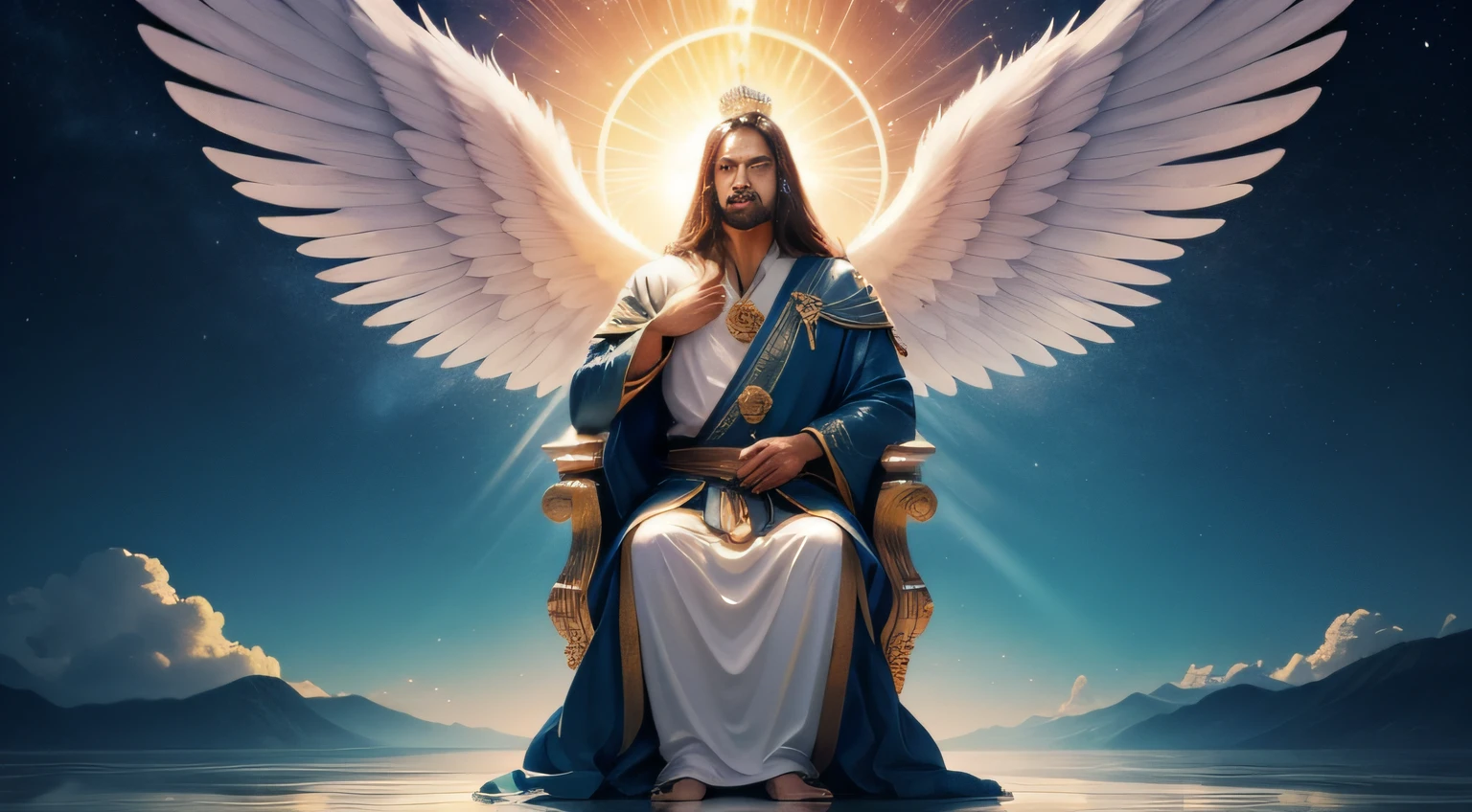 A man is standing on a hill, looking up at the sky. The sky is clear blue and cloudless. No horizonte, There's a bright light approaching. The light becomes brighter and brighter until it turns into a throne of fire.
On the throne is God, um ser de luz e amor. ao redor do trono, there are a myriad of angels. Angels come in all shapes and sizes, But they are all radiant with beauty.
The man is amazed at what he sees. Never seen anything so beautiful or majestic. Ele sente um amor e uma paz que nunca sentiu antes. Full hd ultra realista