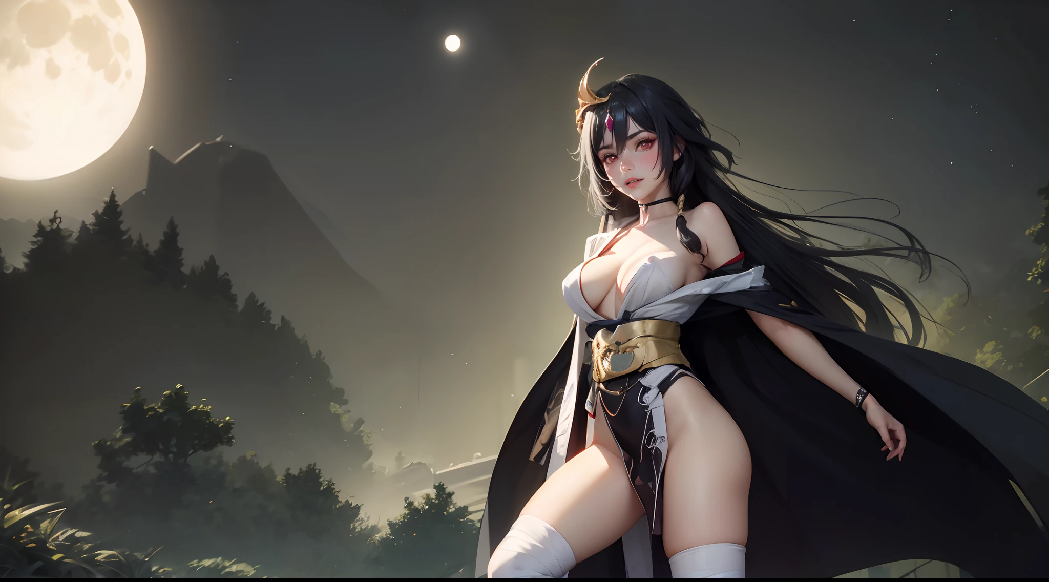 senti, silver hair, red eyes, hair ornament, multicolored hair, long_hair, breasts, black_hair, red_eyes, solo, bandages, very_long_hair, sash, looking_at_viewer, standing, cleavage, bandaged_leg, thighhighs, bandaged_arm, hair_between_eyes, bangs, medium_breasts, lips, white_legwear, parted_lips, large_breasts, groin, moon, thighs, cowboy_shot, obi, full_moon, makeup, japanese_clothes, outdoors, vampire
