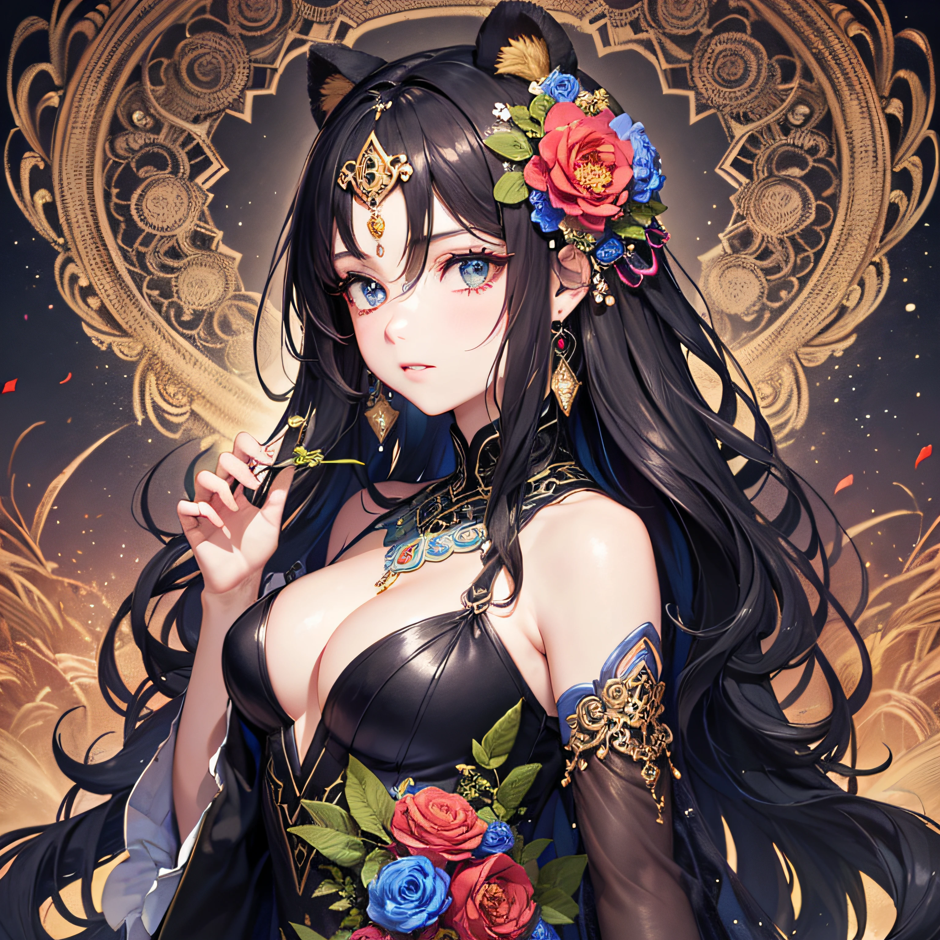 (Masterpiece, Top Quality, Best Quality, Official Art, Beautiful and Aesthetic: 1.2), (1 Girl: 1.3), Black, Very Detailed, (Fractal Art: 1.1), (Colorful: 1.1) (Flower: 1.3), Best Detailed, (Zentangle: 1.2), Sleeves of a Long Dress, (Abstract Background: 1.3), (Shiny Skin), (Many Colors: 1.4), (Earrings), (Wind: 1.3), Jewelry, Long Hair, Wrapped in light, detailed background, phoenix dress, panda ears, flowers, vivid eyes, fireworks