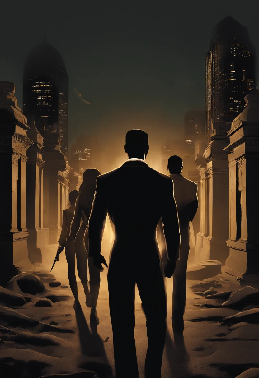 Background: A cityscape at night, bathed in the dim glow of streetlights, with shadows that hint at secrets lurking in the darkness.

Foreground: Nine silhouettes standing shoulder to shoulder, representing the diverse group of friends. They are facing forward, their expressions determined, with their eyes showing a mix of resolve and vengeance.

Centerpiece: At the center, a shattered hourglass lies, its sand spilling out. This symbolizes the lost years of their youth and the urgency of their mission.

Tagline: Above the group, the tagline in bold letters: "Unmasking the Past, Chasing Justice, Finding Redemption."

Title: Below the group, the movie title, "Shadows of Redemption," in bold, impactful font, with a subtle shadow effect.

Subtle Clues: In the background, you can include subtle hints or imagery related to the story, such as the faces of their tormentors hidden in the shadows, or symbols representing corruption and power.

Release Date: At the bottom, include the release date of the movie