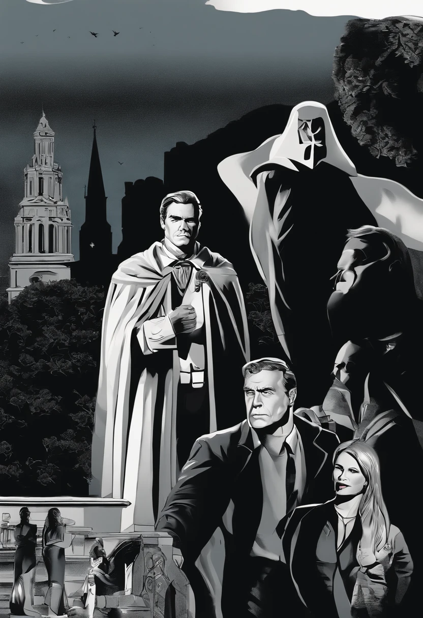 Background: A cityscape at night, bathed in the dim glow of streetlights, with shadows that hint at secrets lurking in the darkness.

Foreground: Nine silhouettes standing shoulder to shoulder, representing the diverse group of friends. They are facing forward, their expressions determined, with their eyes showing a mix of resolve and vengeance.

Centerpiece: At the center, a shattered hourglass lies, its sand spilling out. This symbolizes the lost years of their youth and the urgency of their mission.

Tagline: Above the group, the tagline in bold letters: "Unmasking the Past, Chasing Justice, Finding Redemption."

Title: Below the group, the movie title, "Shadows of Redemption," in bold, impactful font, with a subtle shadow effect.

Subtle Clues: In the background, you can include subtle hints or imagery related to the story, such as the faces of their tormentors hidden in the shadows, or symbols representing corruption and power.

Release Date: At the bottom, include the release date of the movie
