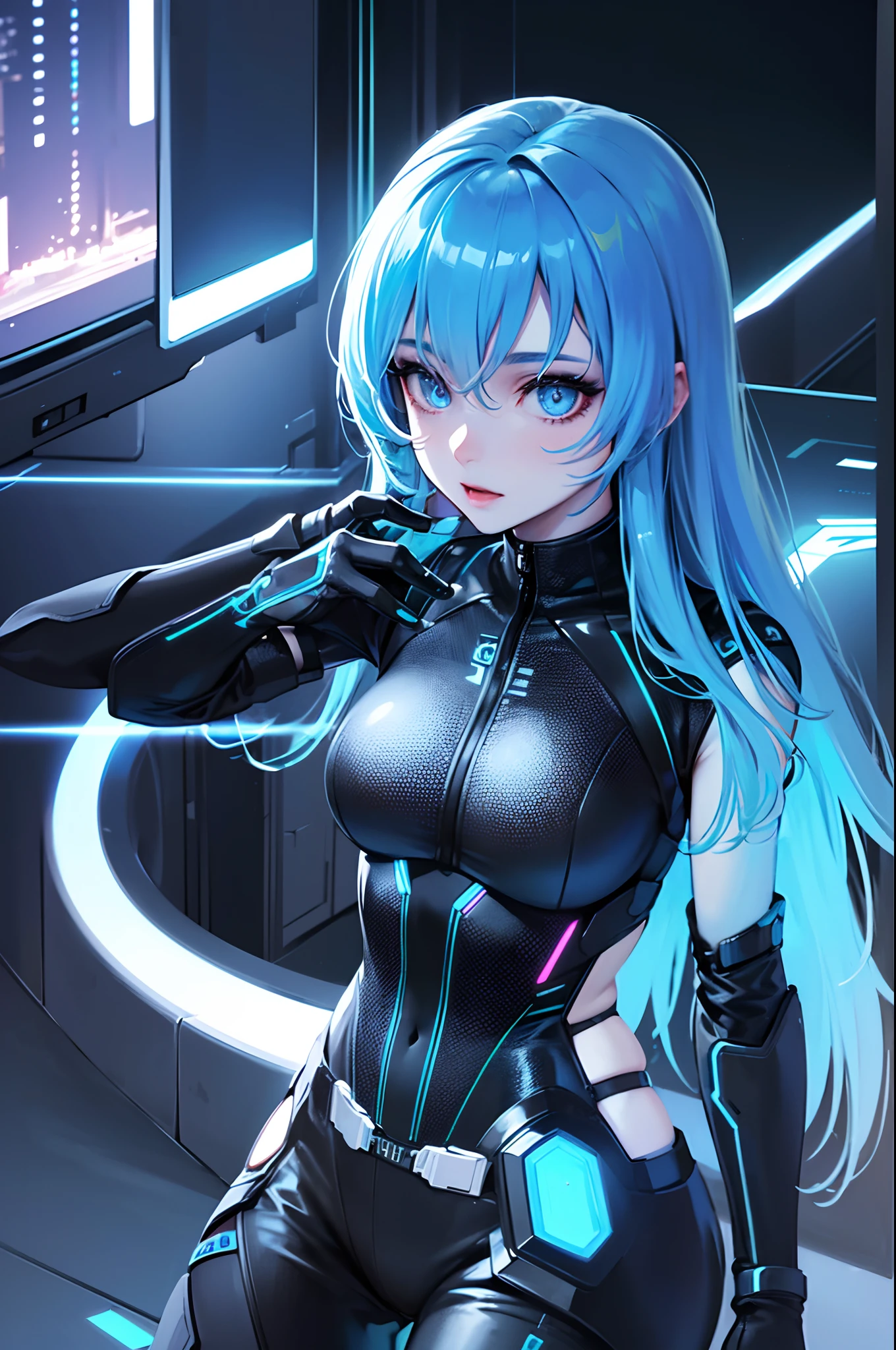 (Best quality,highres:1.2), ultra-detailed, (realistic:1.3), cyberpunk, futuristic, portrait, shiny revealing latex outfit, cyber implants, virtual reality, glowing makeup, metallic body parts, body modification, techno atmosphere, cityscape background, hovering robotic arms, advanced technology, electric blue color palette, surreal lighting.