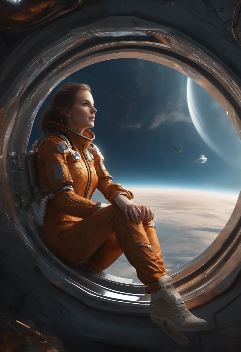 ((Best quality)), (Masterpiece)), (Details: 1.4), 。.3D, Absurd resolution, high resolution, (Masterpiece: 1.4), Ultra detailed, Pretty girl 1 person, Futuristic female figure, Sparkling brown hair, Beautiful brown eyes, Beautiful face, 20 years old, Spaceship, Floating, small, Spacesuit, Spaceship, window, future, Dynamic pose, Change of clothes