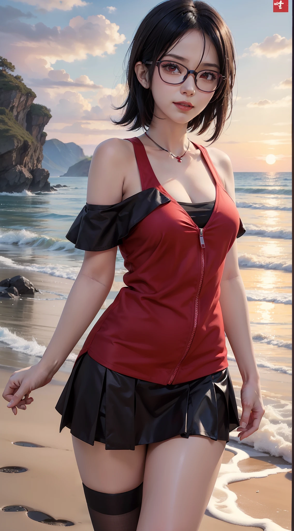 1girl, sarada uchiha in anime boruto, short hair, black hair, red eyes, smile, beautiful, sexy dress, sexy clothes, red clothes, wear red glasses, very big breast, realistic clothes, detail clothes, outdoor background, ultra detail, realistic