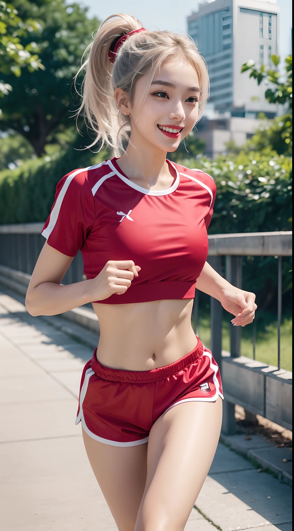 ((Masterpiece, Top image quality, high resolution、alone、、sleeveless on land、track and field athlete、high ponytail hairstyle、not wearing anything、Whole BodyEsbian、a smile、smile slightly、Tekaka skin、shiny skin))、Sweaty face、Latino, puberty, Covered in sweat、red lipstick、Walk along the sports track、alone、Hands and hips、Navel is visible、((Thigh elevation training))、((Run on the track))、(((manly body)))、((Evenly soaked with sweat))、(((See the whole body)))