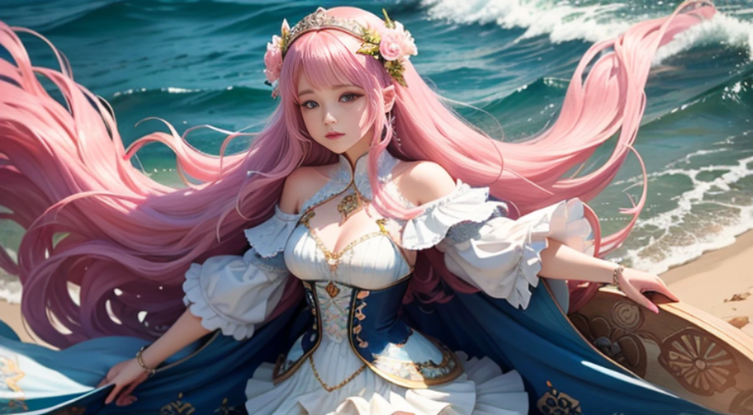 The little lady with long pink hair is on the scene of the sea world,It gives a sense of vitality and femininity。Her long hair was as soft as silk,Delicadamente coberta sobre os ombros,Dancing gently with the wind。Cada fio de cabelo exala um leve brilho,Parece ser iluminado pelo calor do sol。 Her hair color is a delicate pink,As bright and moving as a blooming flower。This color gives a fairytale feel,It was like a princess coming out of the realm of fantasy。Realistic, detailed and perfect appearance,Temperamento frio,Inadvertently brushing a thousand styles,Joan's nose is delicate,The small cherry mouth is slightly hooked,(Fotorrealista),(Super delicate looking skin)Long pink hair swayed gently with her movements,Apresenta um sentido de movimento e vida。The young woman is dressed in a fresh navy-themed outfit。Ela usa um xale rosa com uma textura de tule,It is embroidered with patterns of marine life,Como peixes pequenos、Estrelas do mar e corais。The edges of the shawl are decorated with fluffy feathers,Deixa todo o look mais leve。Her dress is made of blue and white, like the ripples of waves。A bainha da saia tem uma camada de fios fofos transparentes,It flows like a ripple of water,Era como se pequenas ondas estivessem batendo contra o recife。The waist of the skirt is embellished with sequins and shell ornaments,Como uma joia marinha brilhante。A jovem pisou em um par de salto agulha rosa,The upper part is inlaid with motifs of pearls and marine elements,Make your whole look more perfect。She wears a pale pink pearl bracelet in her hand,Vai bem com a cor do cabelo。 No ambiente do mundo marinho,A pequena senhora com longos cabelos cor-de-rosa tornou-se uma bela paisagem。The details of their clothes and physical features show their unique charm,Gives a feeling of freshness、romantic feeling。