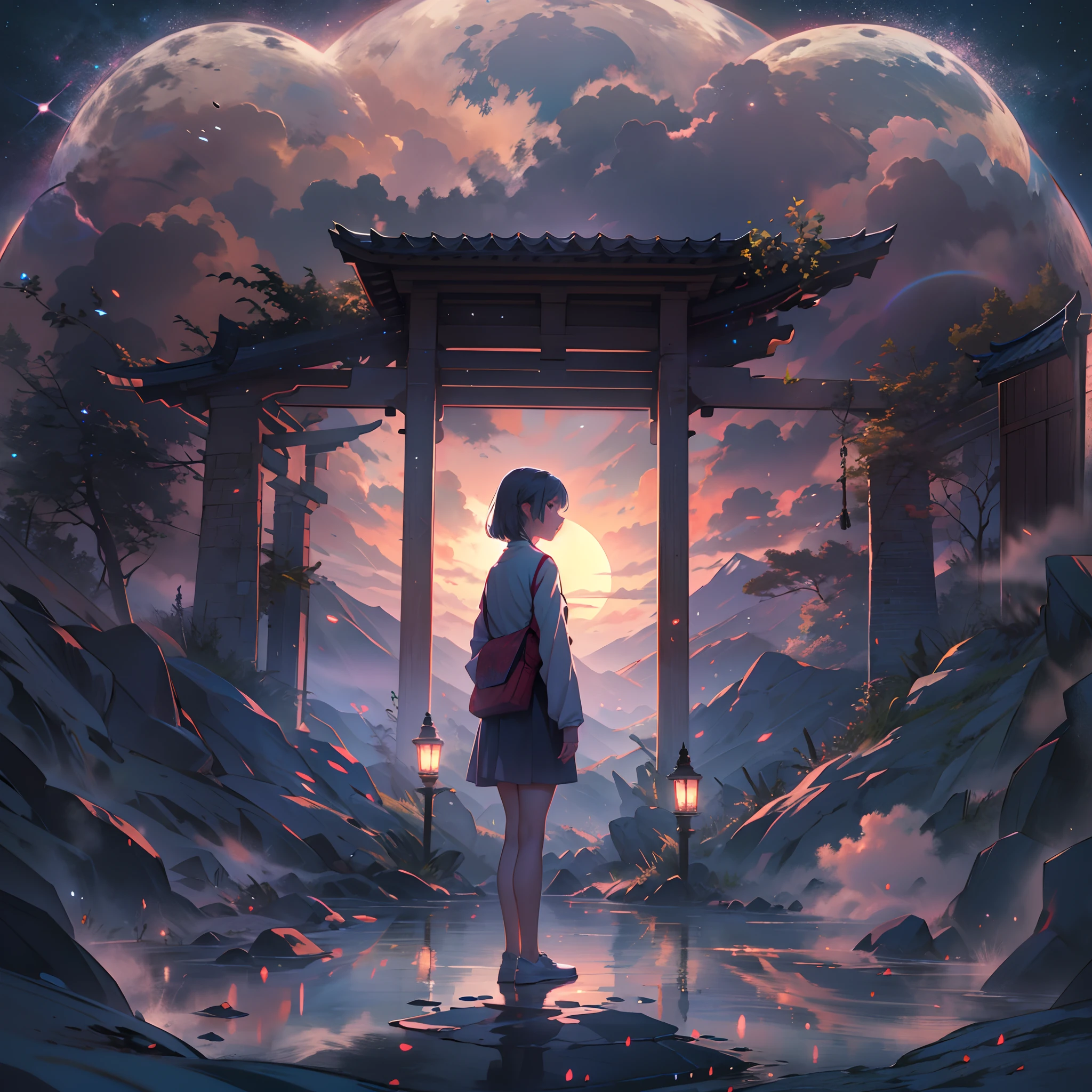 The view of dusk moves behind the mirror。Other words，The virtual image reflected on the mirror and the physical object behind the mirror are shaking，It's like a superimposed shadow in a movie。There is no connection between the characters and the background。And the character is a transparent illusion，The scene is a hazy undercurrent in the night mist，The two dissolve together，Depicts a world of transcendent symbols。Especially when the lights in the mountains are reflected on the girl's face，That indescribable beauty，It made Shimamura's heart almost tremble