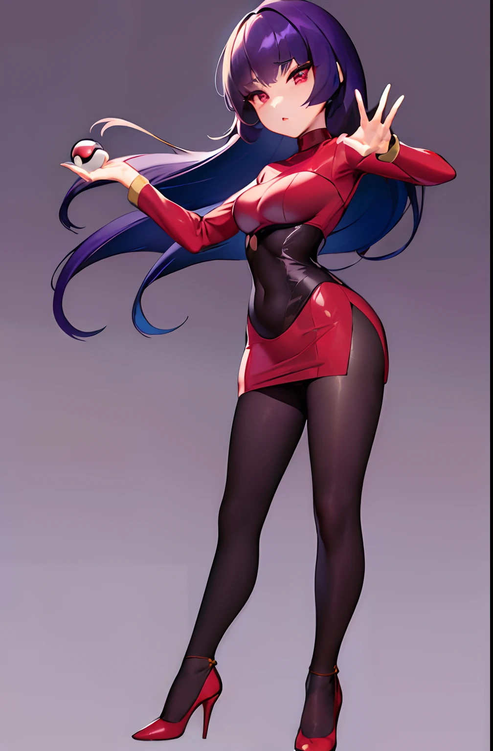 (​masterpiece、top-quality:1.2)、1girl in、独奏、sabrina、A pokémon、length hair、purple color  hair、bluntbangs、red eyes、Red Sweater Dress、(white glove:1.2)、Black sash、(Black Leggings:1.1)、(body suit:1.1)、((pantyhose))、(high-heels)、simple background、((a miniskirt))、(pokeball)