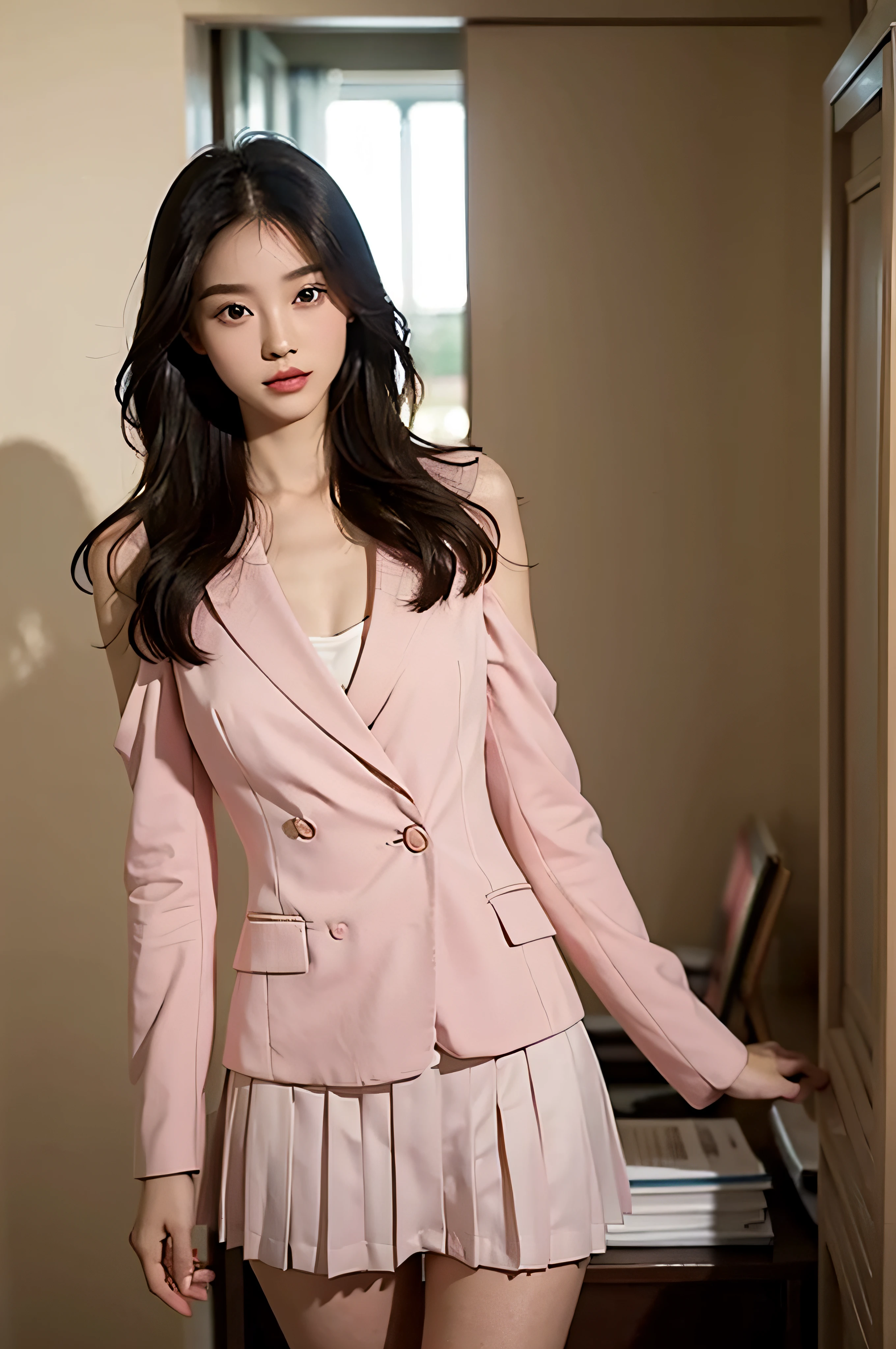 Gentle and beautiful woman, fully body photo, Delicate and sexy collarbone, charming oval face, Double eyelids, Smart peach blossom eyes, Pink lips, small nose, Bare shoulders, Focused face, The ultra -The high-definition, Super Details, elegant standing, Black British College Style Double Breasted Casual Loose Korean Style Small Suit Jacket, Pair with a black pleated skirt suit