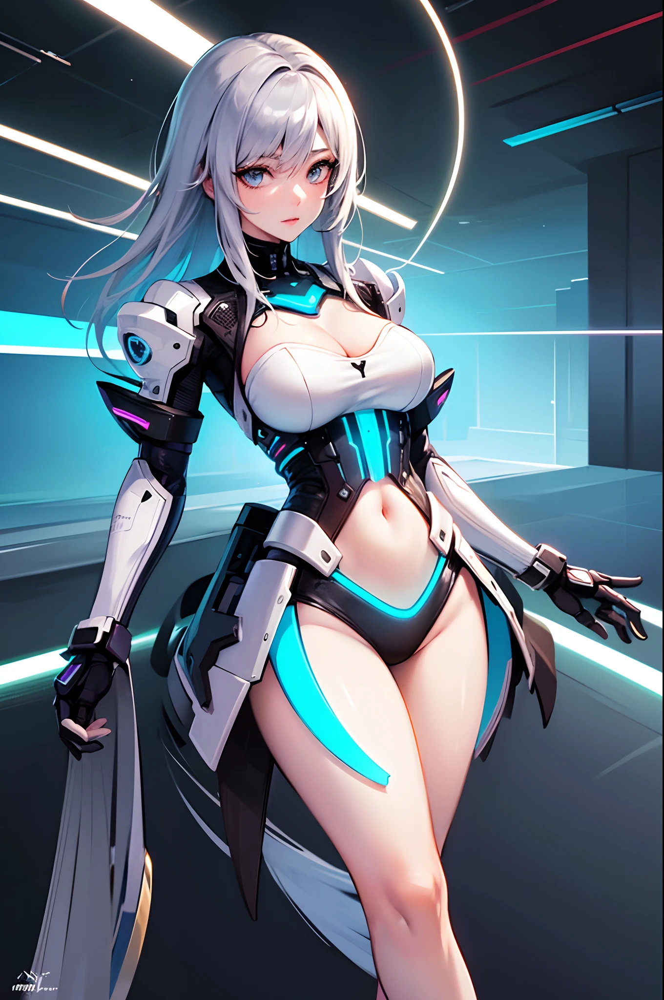 (Best quality, 4k, 8k, highres, masterpiece:1.2), ultra-detailed, (realistic, photorealistic, photo-realistic:1.3), digital art, cyberpunk style, vibrant colors, futuristic lighting, rainbow background, cyborg technology, excessive details, neon accents, shiny silver highlights, delicate facial features, dynamic body pose, energetic atmosphere, surreal beauty, eye-catching composition, high-tech elements, reflective surfaces, immersive experience, brilliant highlights, flawless skin texture, impeccable symmetry, intricate patterns, alluring gaze, perfect proportions, enticing aura, captivating presence, technological advancements, innovative aesthetics, captivating curves, mesmerizing allure, radiant energy, cybernetic enhancements.