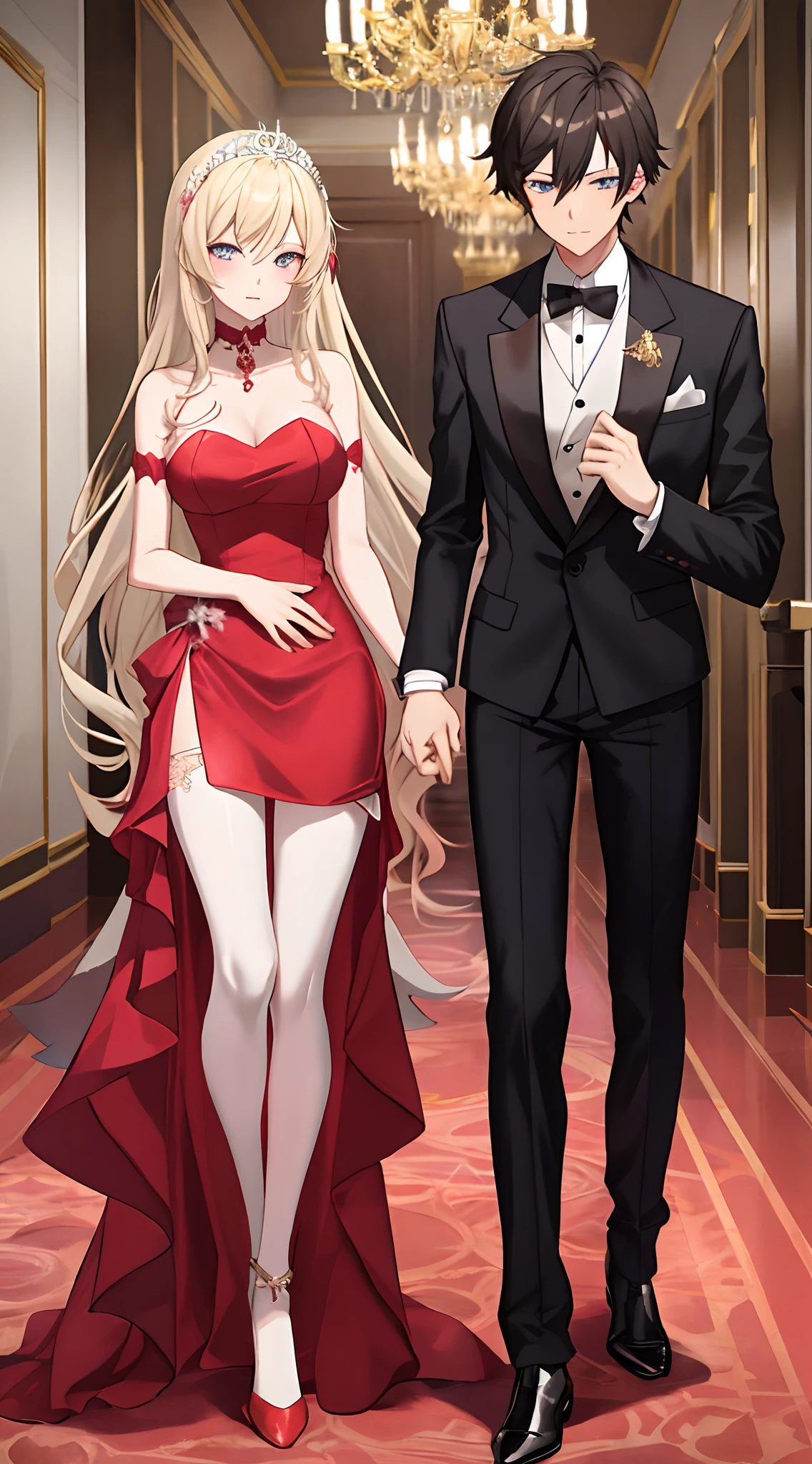 anime couple dressed in formal attire walking in a hallway, artwork in the style of guweiz, guweiz, anime key visual of elegant, wearing fancy clothes, wearing fantasy formal clothing, guweiz on pixiv artstation, black tie, sakimichan and frank franzzeta, wearing tuxedo, cosplay of a catboy! maid! dress