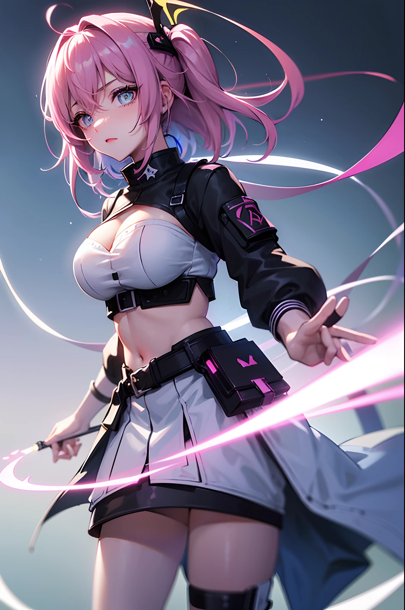 Anime woman in night city with colored lights shining on her skin, short white and pastel blue pink colored hair, pastel purple eyes, huge breasts, deep cleavage, dyed pastel colored hair, hair naturally white, highly detailed background, 8k wallpaper, (detailed face and eyes:1.4), (detailed hair:1.3), (warm lighting:1.5), (dynamic angle), (dynamic pose), (dynamic background), (visceral experience), intense emotion, high detailed eyes, (shadows), (RGB LED lighting), short hair, hair naturally white dyed pink blue and green, colorful lights glow, cyberpunk edgerunners, skimpy outfit, exposed midriff, high hipsters, red eyeshadow.