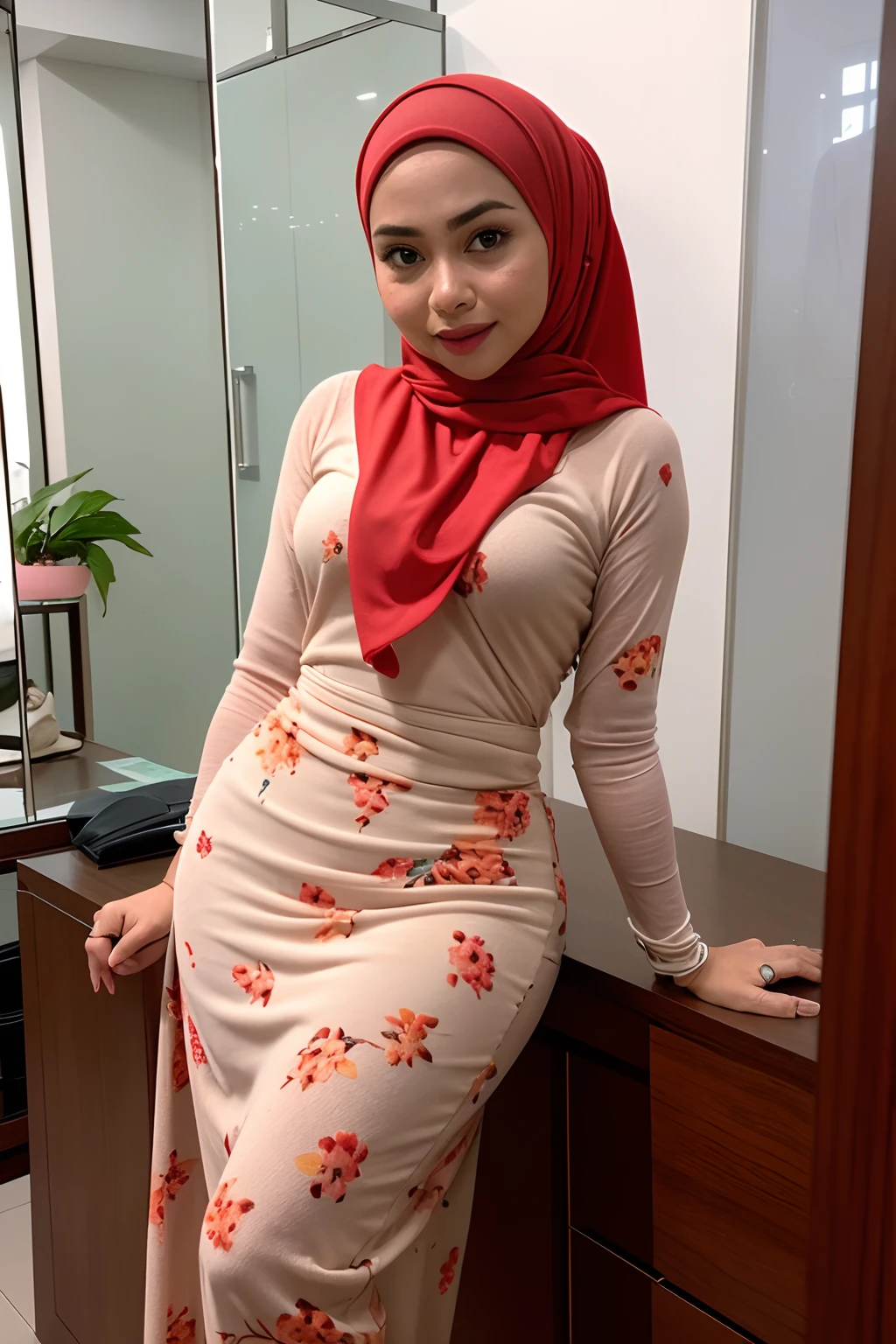 Malay girl in hijab, 30 years old , slim body abs, tall , ((small breast:1.0)), beautiful lady, Nikon Z 85mm, ((best quality)) ((masterpiece)), intricate detail, ((almost )), sharp focus, professional, realistic, real life, hyperreal, photorealistic, fine detail, best quality, very Detailed CG unity 8k wallpaper, perfect artwork, Full body, glowing eyes, realistic, perfect female hourglass figure, thin waist, wide buttocks, looking at viewer, extremely delicate and beautiful, best quality, beautiful detail girl, beautiful eye detail, face lighting, film lighting, perspective, revealing buttocks, perfect collarbone, realistic facial expression, (exquisite detail, makeup, (exquisite beautiful exquisite face, delicate and beautiful eyes, a face with perfect proportions, high-detailed skin,((wearing tight pastel red floral malay gamis with plain hijab)), simple diamond necklace, ((sexy clothes), ((torn clothes)), luxury hotel