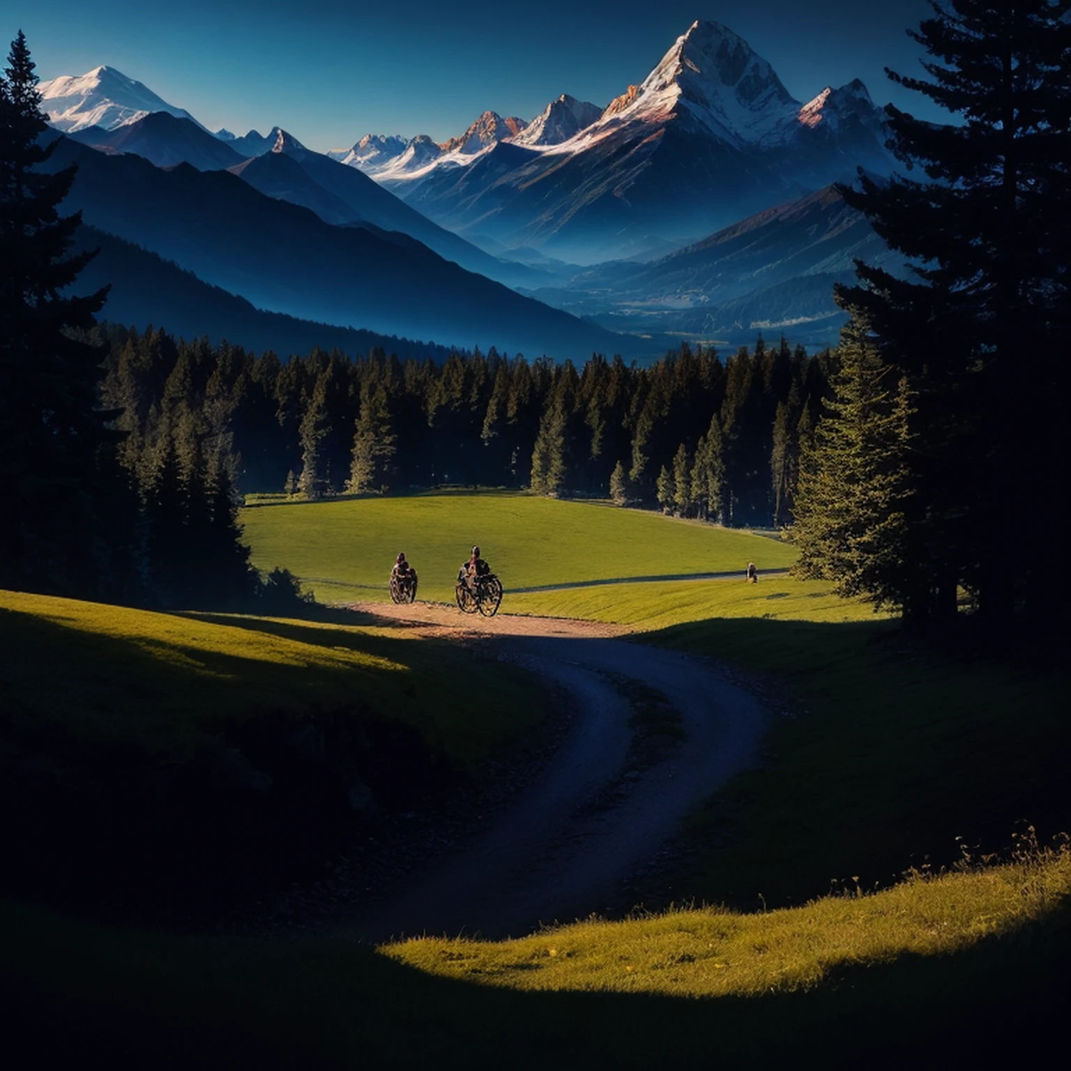 In a green meadow is a girl leading a group of horsemen. BREAK With a brave expression, she guides them towards their destination. BREAK Behind her, a green forest stretches out, and besides, mountains rise in the distance. The most suitable effect for this scene would be a watercolor painting technique to capture the softness of the meadow and the fluidity of the movement.
