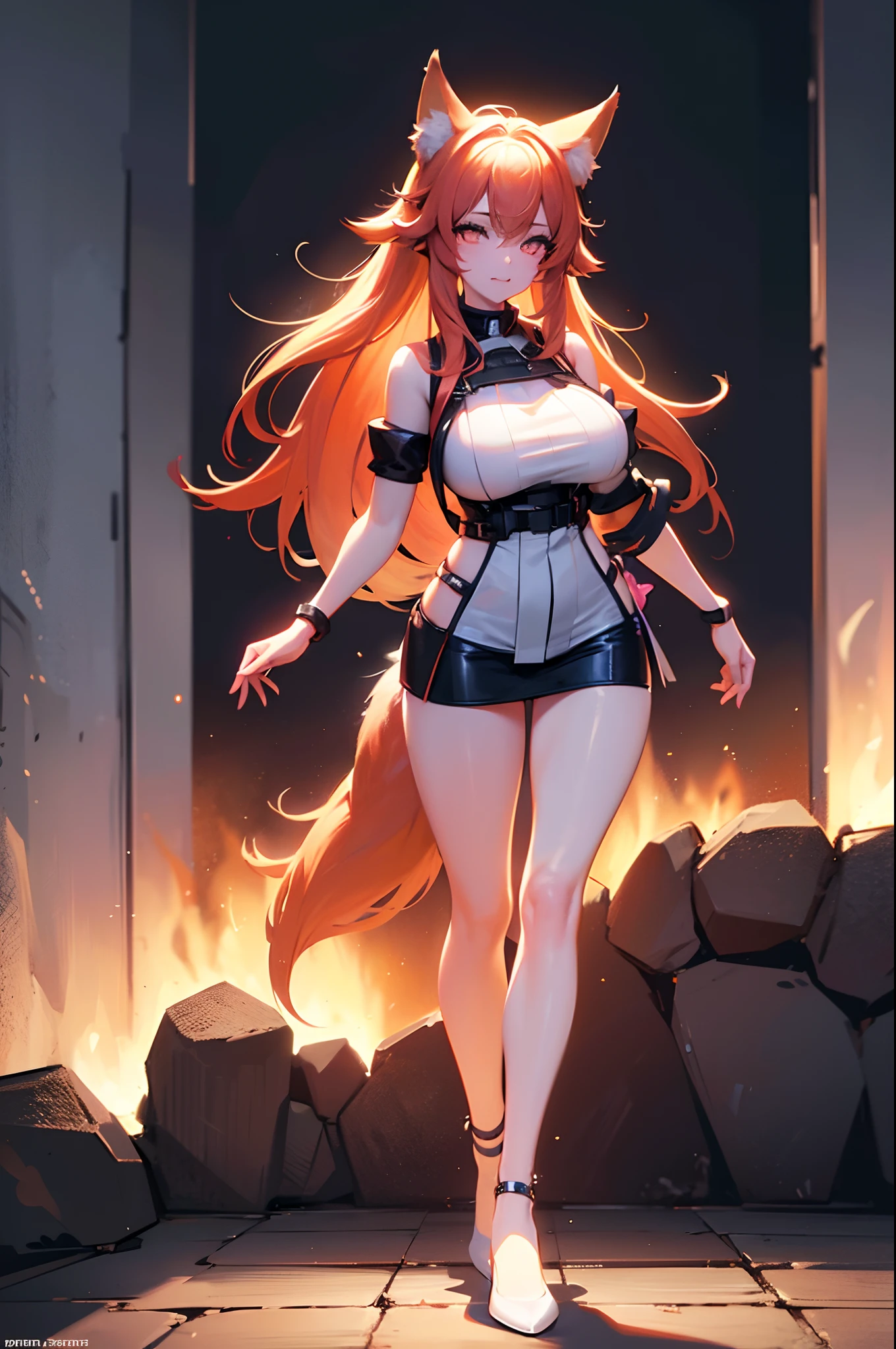 Foxgirl, fox tail, (neon lighting:1.2), super sexy mini clothes, revasling body, (centered in frame), highly detailed, 8k wallpaper, (detailed face and eyes:1.4), (detailed hair:1.3), (warm lighting:1.5), full body view, (huge breasts:1.2).