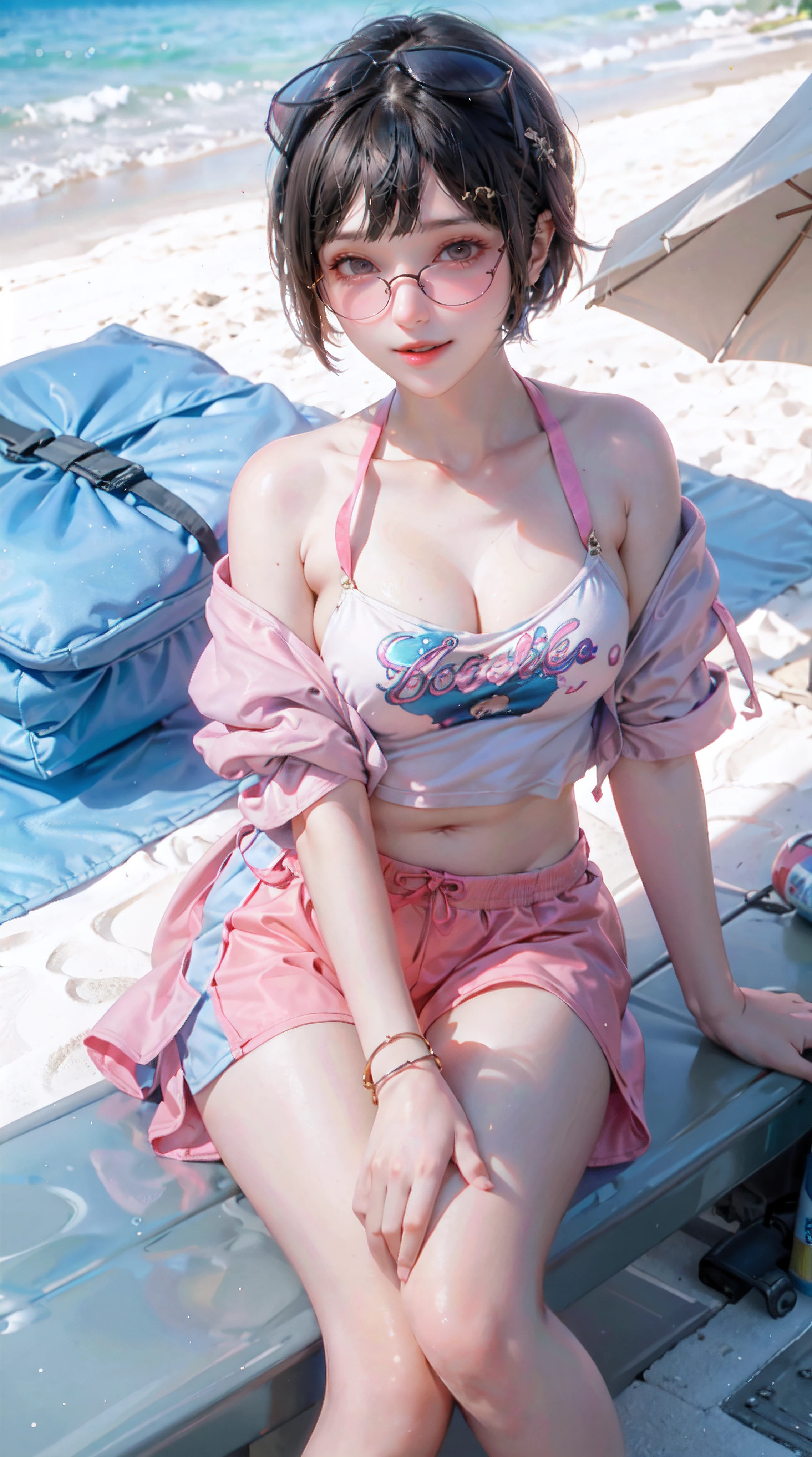 masterpiece, best quality, 1girl, beach, sitting on a beach towel, short hair, glasses, t-shirt, shorts, cap, blush, summer, soda can, bag