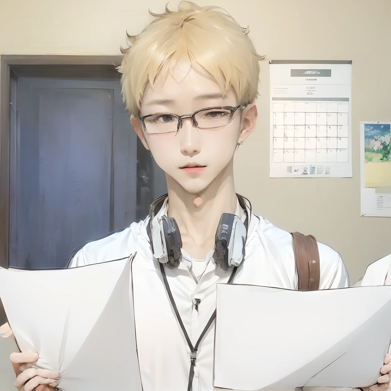 1boy, Tsukishima kei, blonde short hair, white t-shirt, glasses