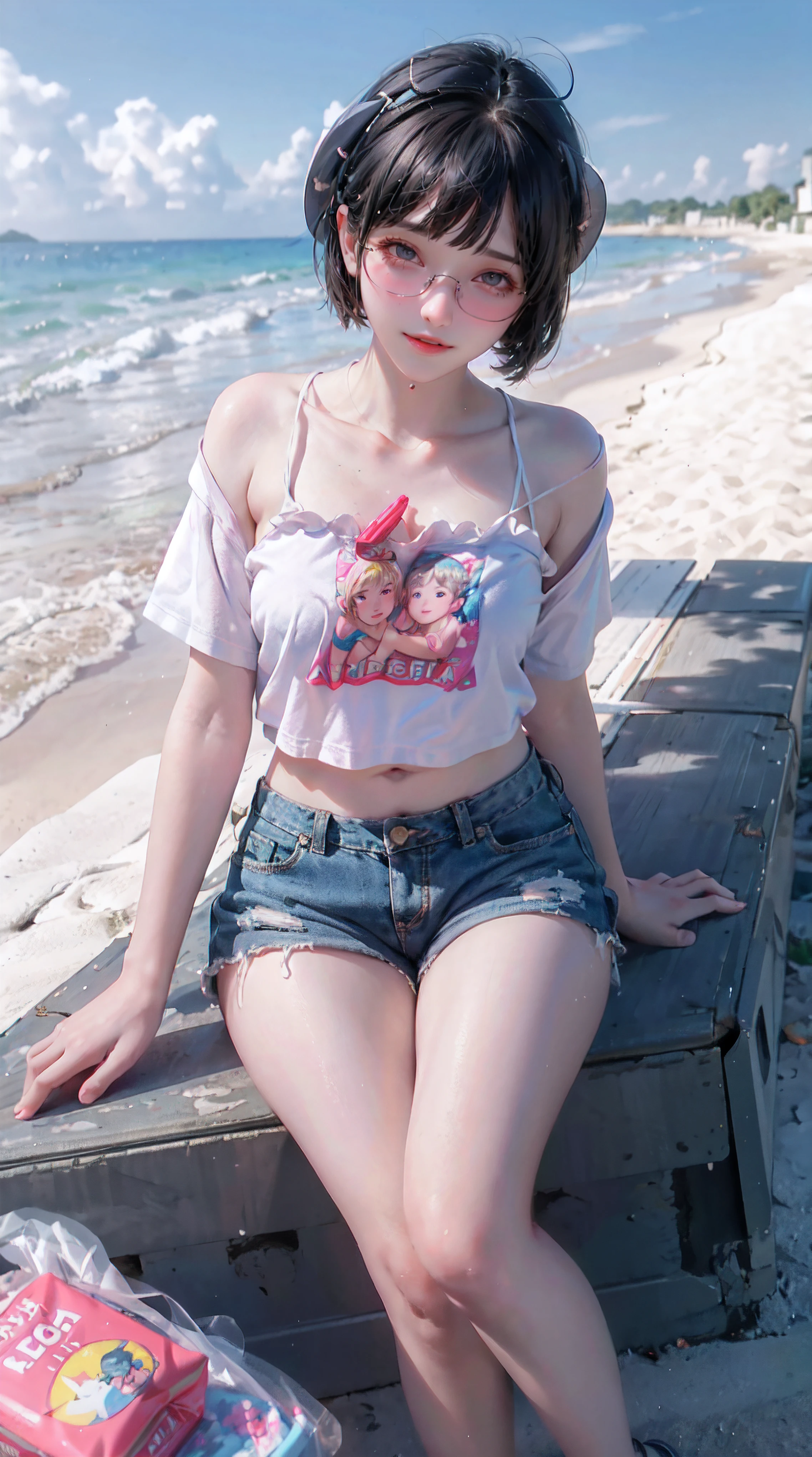 masterpiece, best quality, 1girl, beach, sitting on a beach towel, short hair, glasses, t-shirt, shorts, cap, blush, summer, soda can, bag