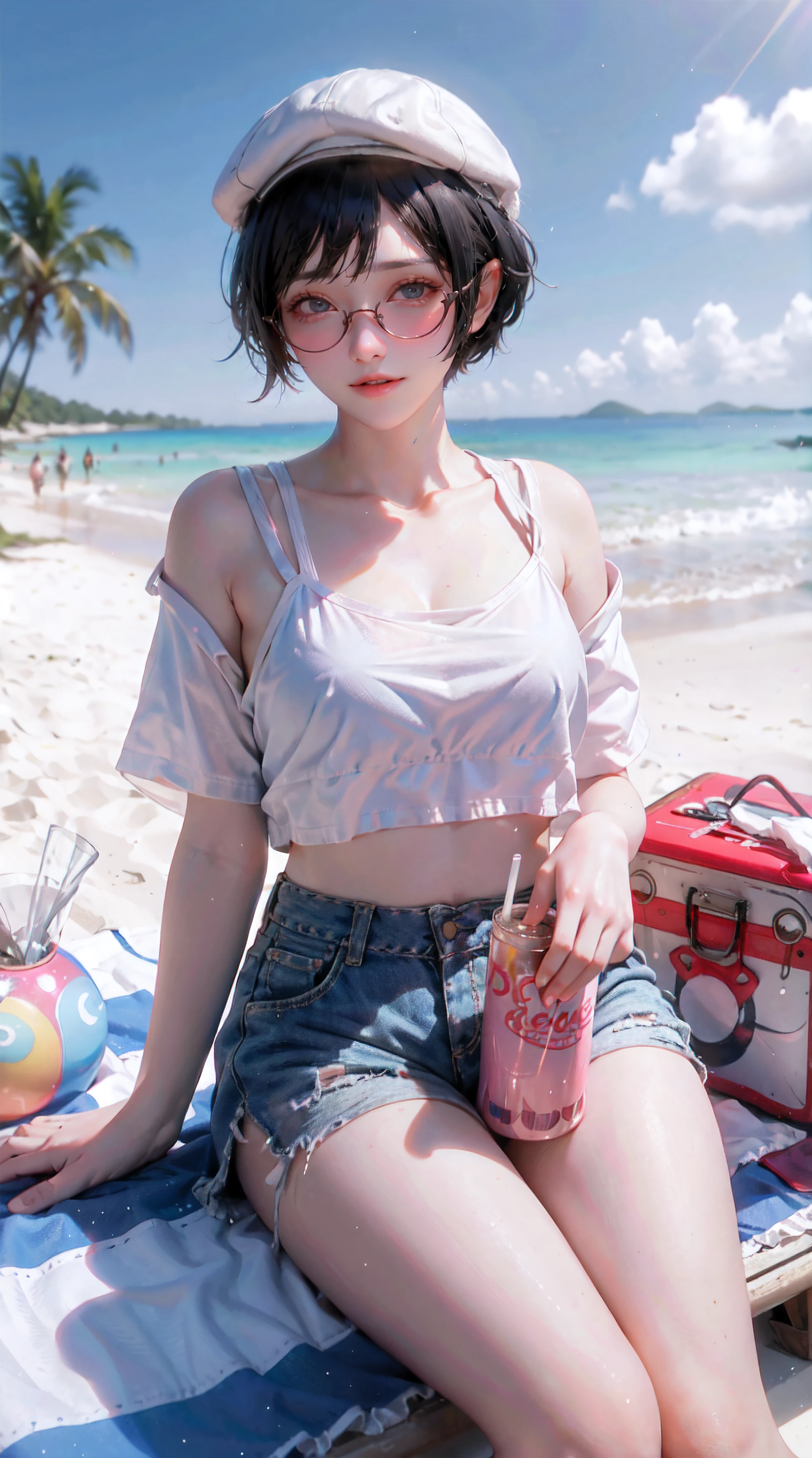 masterpiece, best quality, 1girl, beach, sitting on a beach towel, short hair, glasses, t-shirt, shorts, cap, blush, summer, soda can, bag