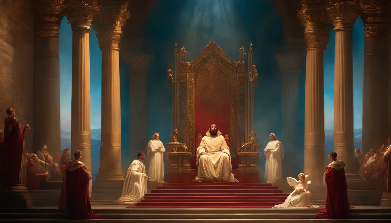 a king in his throne room was stunk in deep osean, cinematic lighting, cenematography detail, high quality nude painting style