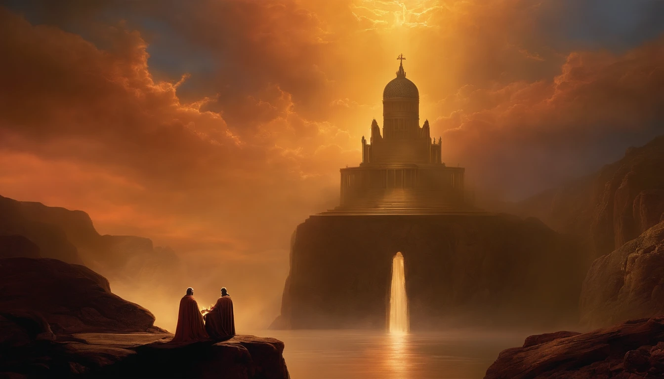 "The art of God sitting on the throne conversing with angels inspired by the dramatic style of British artist John Martin."